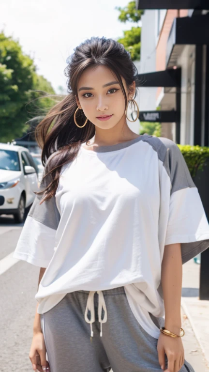 (Small box)、Small breasts,Sexy cute looks and cute 15 year old beautiful girl, Beautiful and sexy face、A strong wind blows my hair in front of my face、Cute, long, straight, beautiful black hair, (ponytail:1.2),Sexy Eyes,slightly dark skin,Kind eyes,smile,(Uniform eye size:1.2), ((Slightly droopy eyes)),(big round gold earrings) ,(Oversized white T-shirt:1.4), (Grey oversized sweatpants:1.4),(Hip Hop Dancer:1.2),Dance Studio