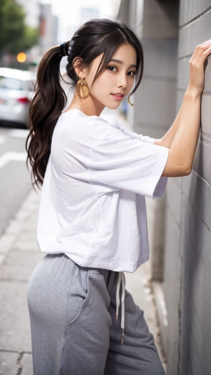 (Small box)、Small breasts,Sexy cute looks and cute 15 year old beautiful girl, Beautiful and sexy face、A strong wind blows my hair in front of my face、Cute, long, straight, beautiful black hair, (ponytail:1.2),Sexy Eyes,slightly dark skin,Kind eyes,smile,(Uniform eye size:1.2), ((Slightly droopy eyes)),(big round gold earrings) ,(Oversized white T-shirt:1.4), (Grey oversized sweatpants:1.4),(Hip Hop Dancer:1.2),Dance Studio