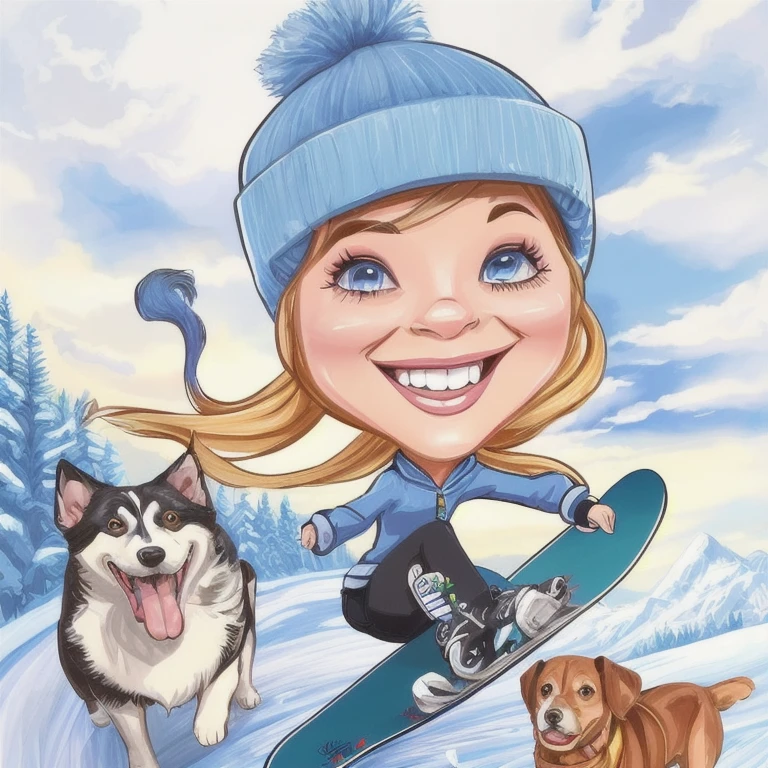 ((digital drawing)),((4k)),((JIM EIDOMODE)), cartoon girl on a snowboard with dogs and a dog, caricature style, caricature illustration, Cartoon style illustration, in cartoon style , animal caricaturist, caricaturist, cartoon portrait, caricature!!!, caricature, cartoon illustration, CARTOON ART, caricature, caricature, color digital illustration, air brush illustration, cartoon digital painting, ART CARTOONstyle