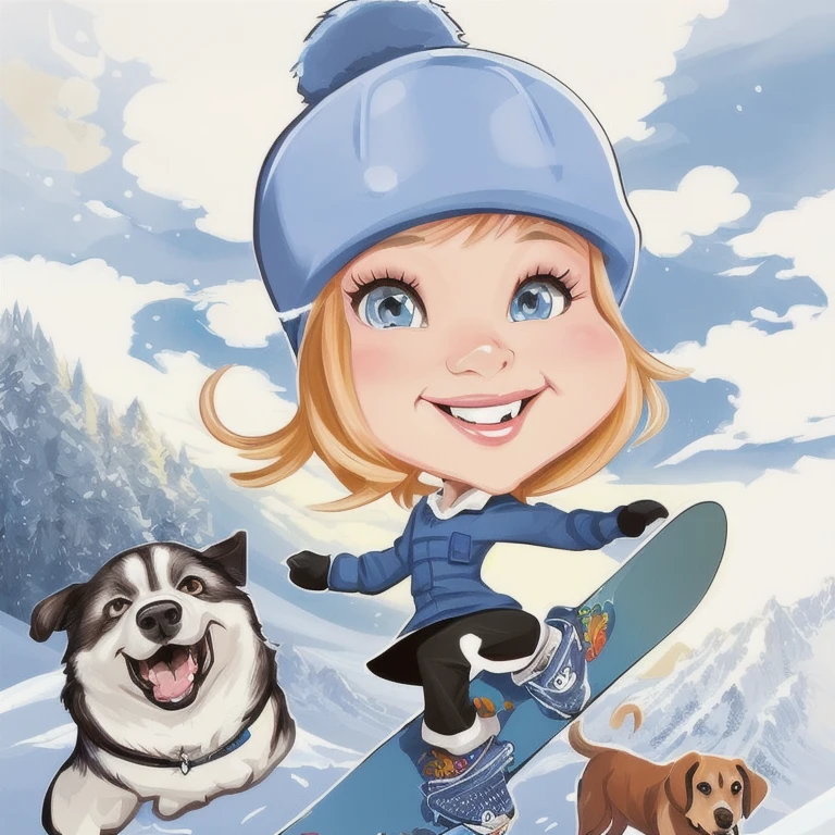 ((digital drawing)),((4k)),((JIM EIDOMODE)), cartoon girl on a snowboard with dogs and a dog, caricature style, caricature illustration, Cartoon style illustration, in cartoon style , animal caricaturist, caricaturist, cartoon portrait, caricature!!!, caricature, cartoon illustration, CARTOON ART, caricature, caricature, color digital illustration, air brush illustration, cartoon digital painting, ART CARTOONstyle