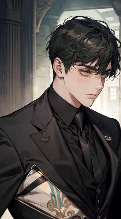 ((a young man in a black suit and tie)), taken in the early 2020s, gotham, alejandro, he looks very sophisticated, (((left side swept bang black short hair))), (dark green eyes and thick eyebrows), smirk. ((20 years old)), ((Black suite and black tie)), masterpiece, posture dynamic, one person,