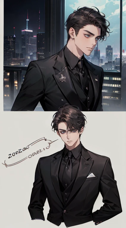 ((a young man in a black suit and tie)), taken in the early 2020s, gotham, alejandro, he looks very sophisticated, (((left side swept bang black short hair))), (dark green eyes and thick eyebrows), smirk. ((20 years old)), ((Black suite and black tie)), masterpiece, posture dynamic, one person,