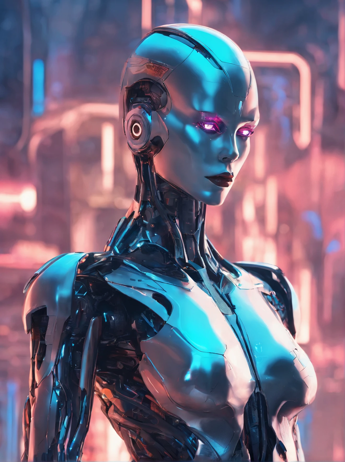 (Highest Quality,4k,8k,Hi-Res,Masterpiece:1.2), Ultra-Detailed, (Realistic,Photorealistic,Photorealistic:1. 37), Highest Quality, Ultra-Detailed, Portrait, World's most beautiful killer android, the latest terminator for assassinating important people, Beautiful detailed eyes reflecting light, Beautiful detailed lips, Long eyelashes, Robot, pale skin, blue glowing light, shiny metal surface, highly detailed facial features, glossy finish, futuristic, cutting edge technology, science fiction, expressionless, perfectly symmetrical face, dynamic lighting, subtle shadows, neon colors, cyberpunk, high contrast, sharp details, digital art, science fiction concept art, blurred background, strategic composition, striking visual impact, (NSFW:1.3)