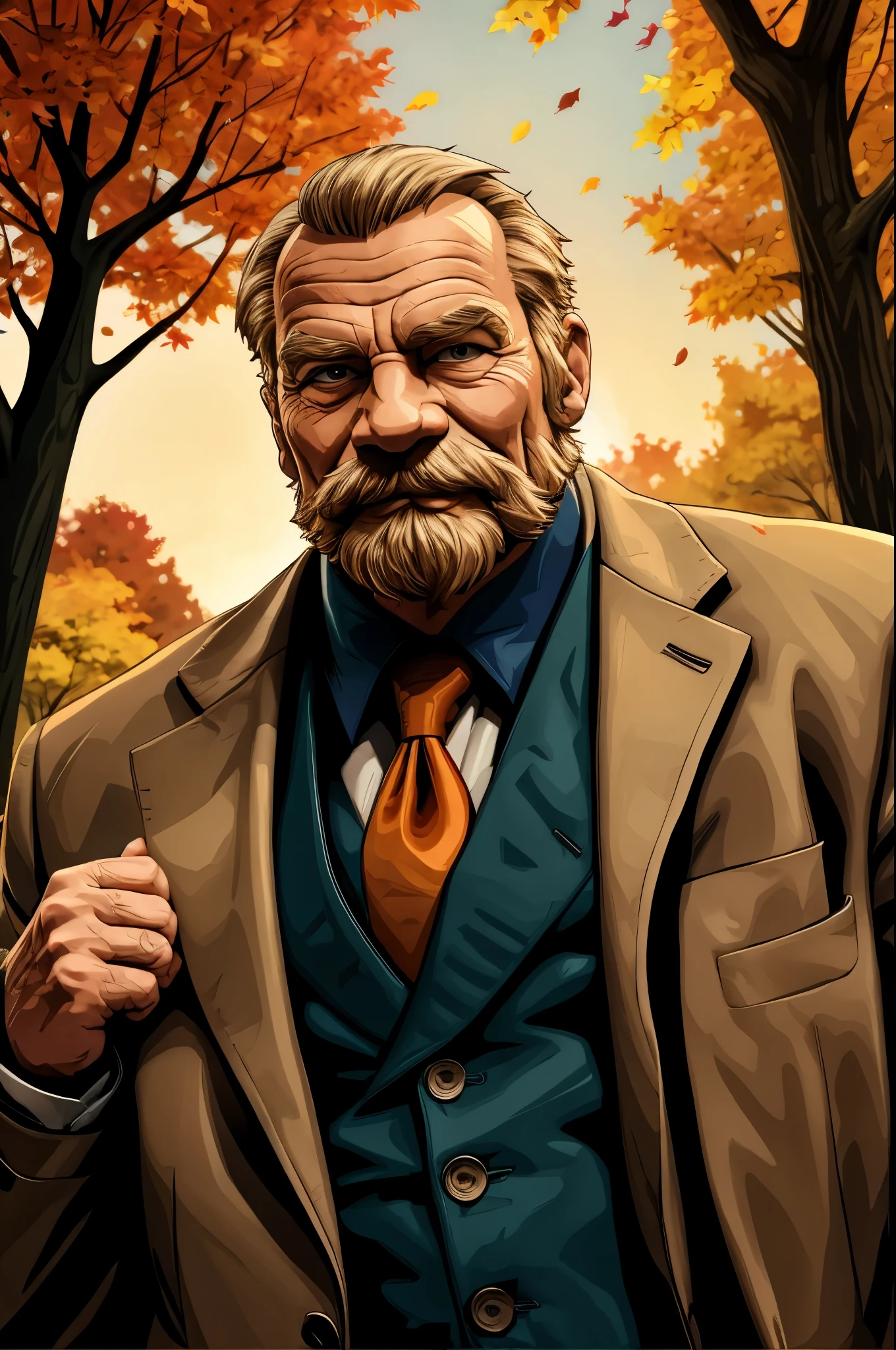 portrait, muscular old man in park, happy, autumn, suits, vector, mwvector
