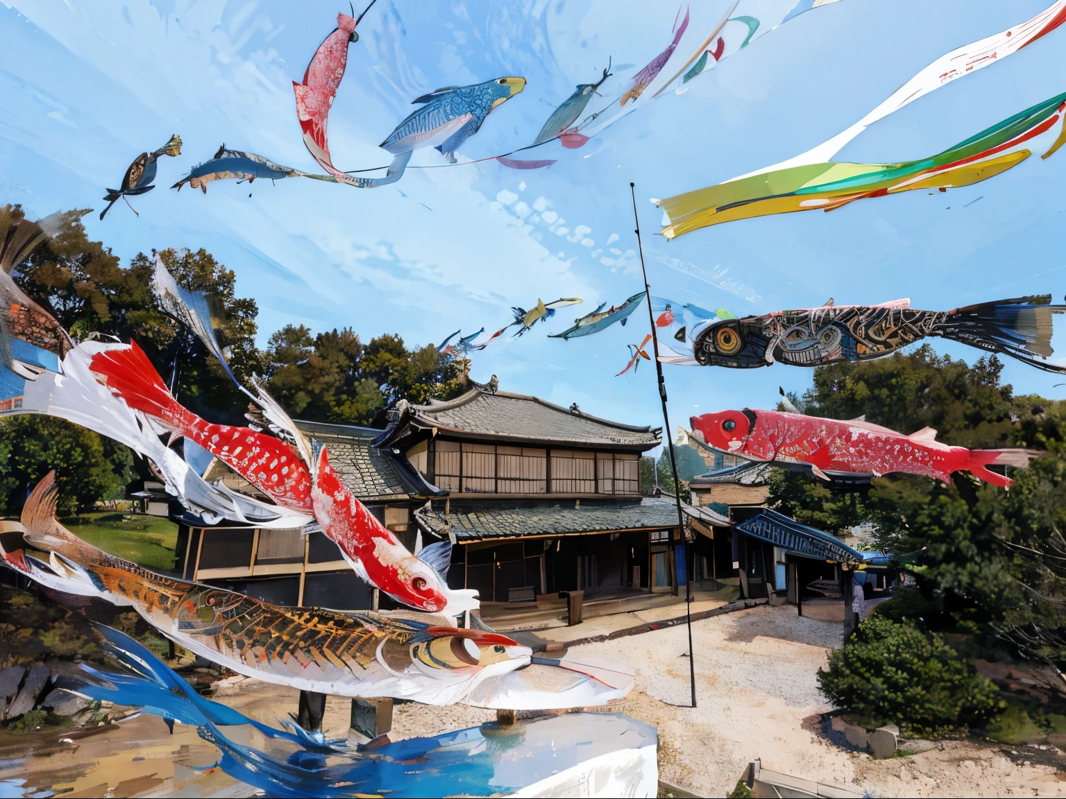 Old houses, colorful carp streamers of Japanese culture, blue sky