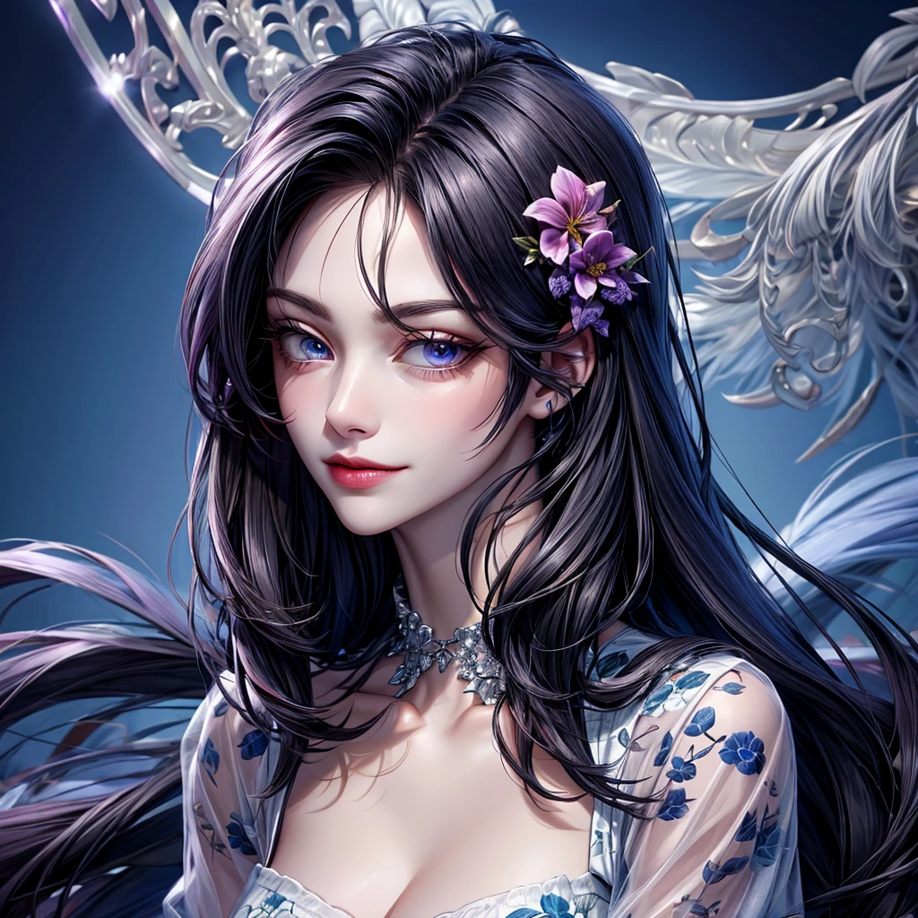 1 woman of 30 years old, {{{straight black very long hair}}} {black hair}, {{{pale blue eyes}}}, Pale purple floral print dress {exposed arms} cleavage, small smile {silver accessories}, lush rainforest, {best quality.}, {highreaasterpiece.}, {{{medium close up.}}}, {facing viewer}