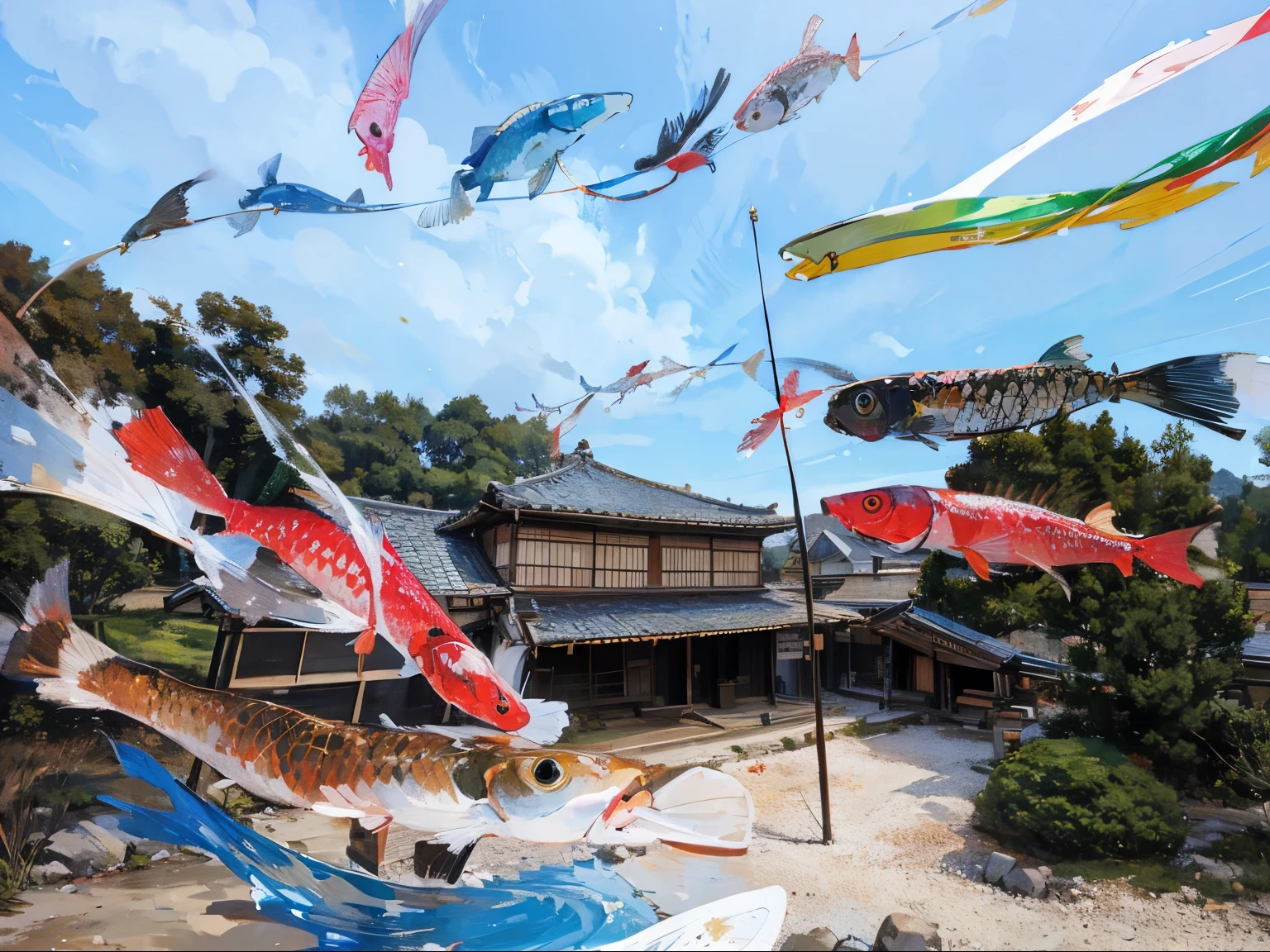 Old houses, colorful carp streamers of Japanese culture, blue sky