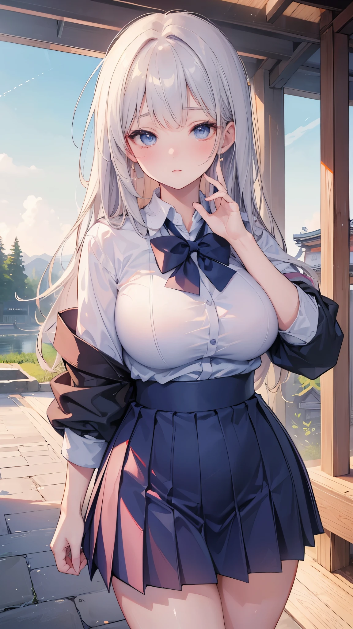 (((masterpiece))),(((High resolution)))、(((8K)))、(((perfect face)))、(((beauty of japan)))、20 years old、(((beautiful face))), (((school uniform))), embarrassed look, look at the camera, thighs、top quality eyes, detailed texture, look at the camera, plump, plump thighs, big tits, all body, tall