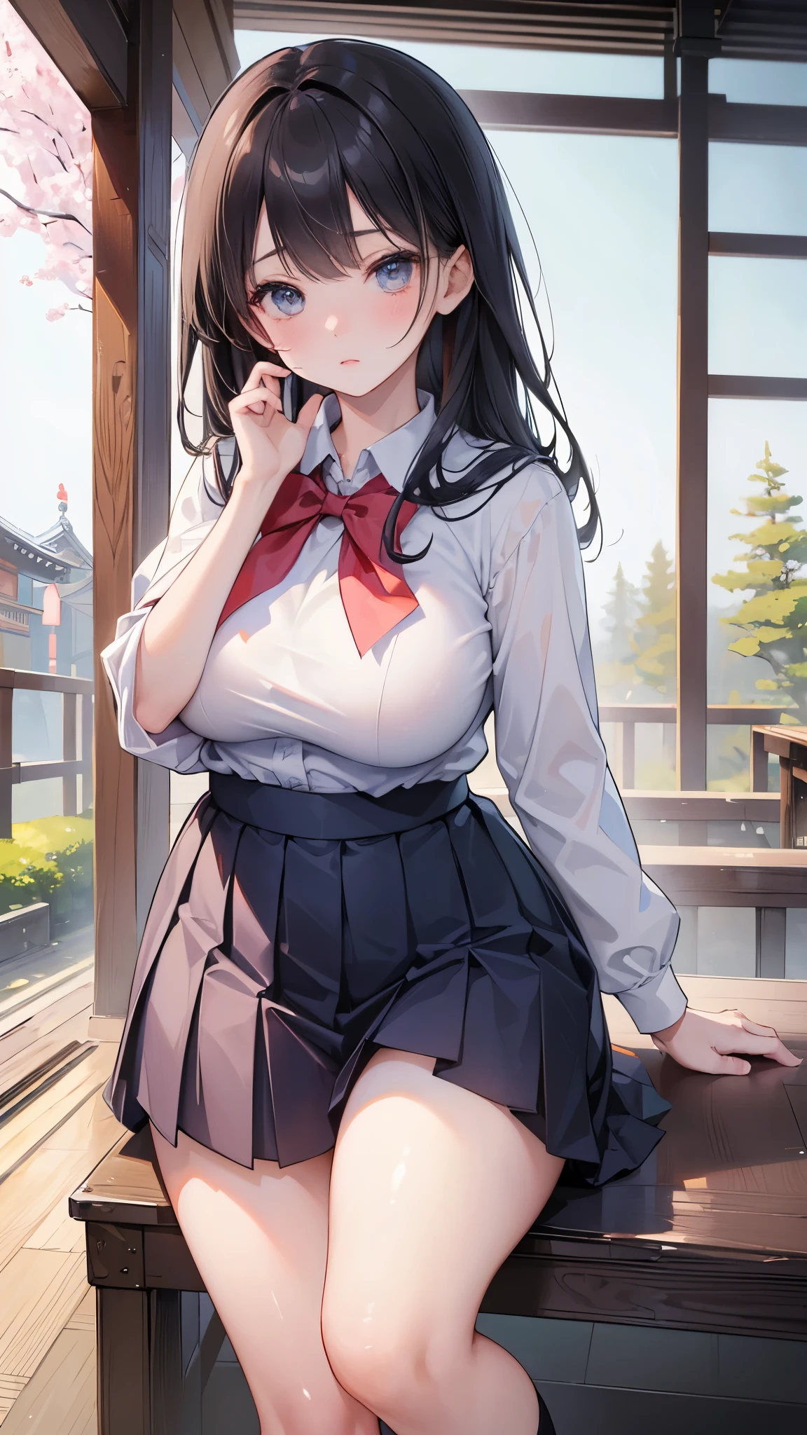 (((masterpiece))),(((High resolution)))、(((8K)))、(((perfect face)))、(((beauty of japan)))、20 years old、(((beautiful face))), (((school uniform))), embarrassed look, look at the camera, thighs、top quality eyes, detailed texture, look at the camera, plump, plump thighs, big tits, all body, tall