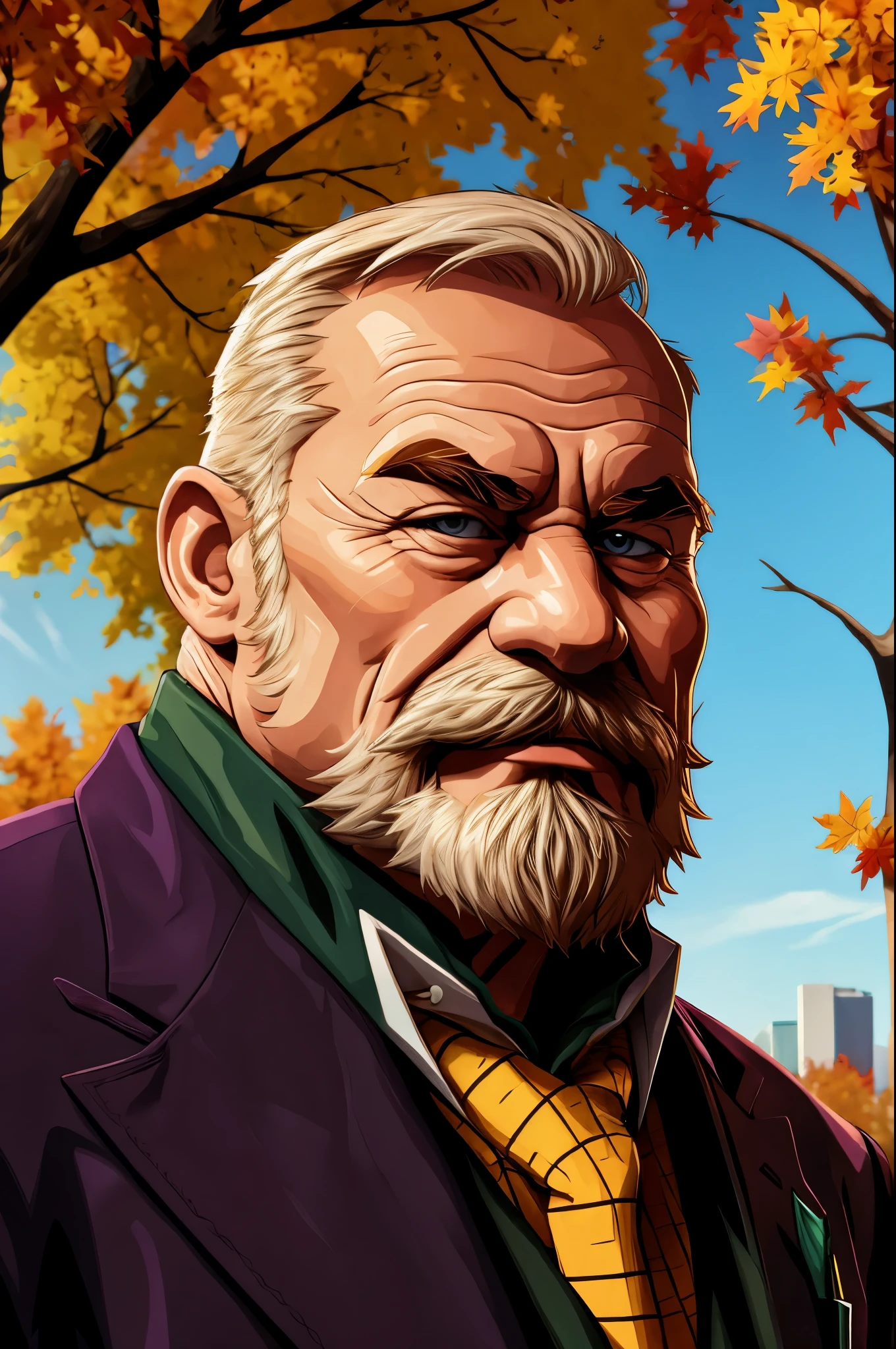 portrait, muscular old man in park, happy, autumn, suits, vector, mwvector