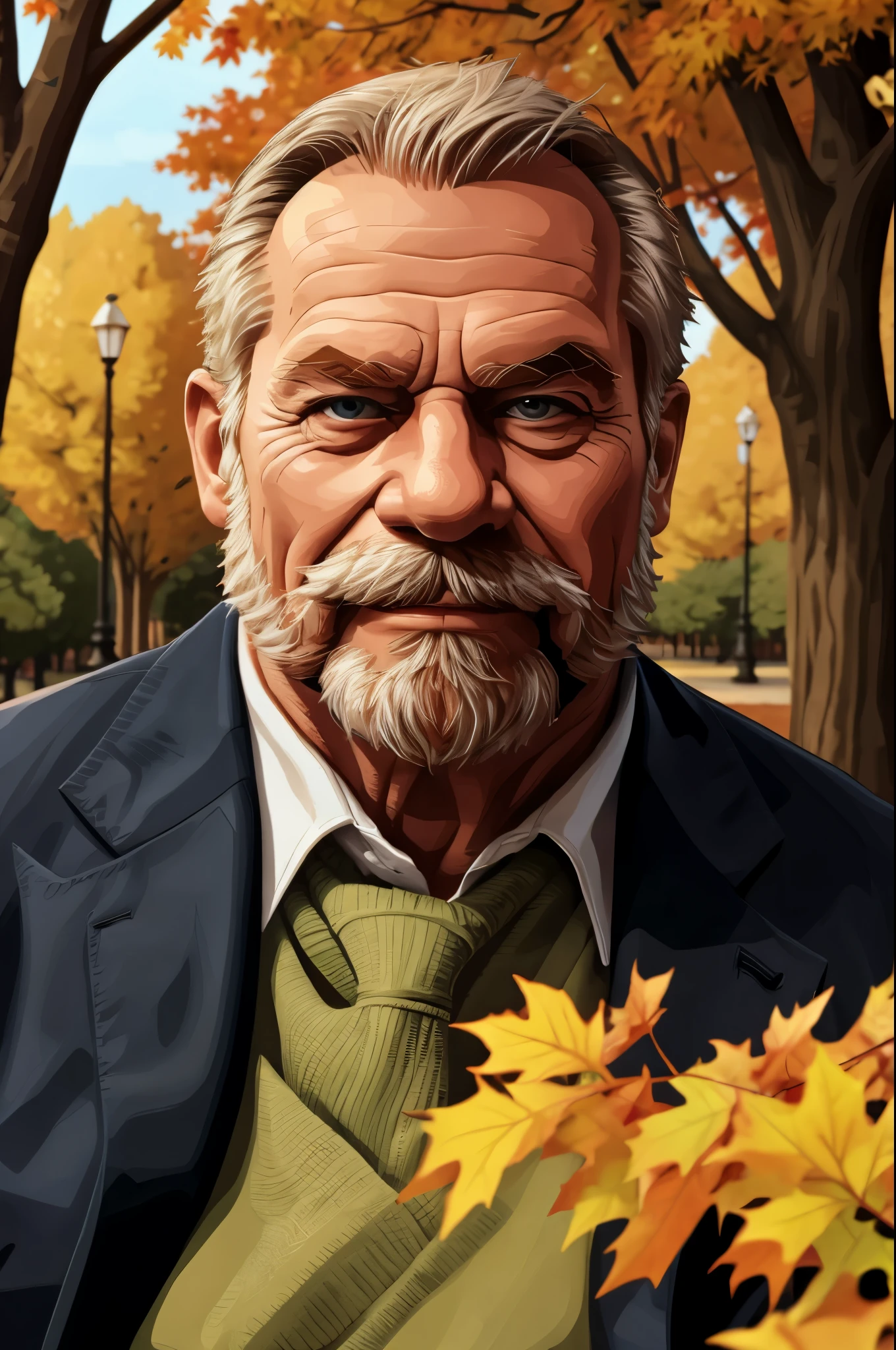 (a muscular old man, happy:1.1, autumn) sitting on a (bench, park) [in a cozy park], dressed in (suits), surrounded by vibrant (vector) foliage. The (muscular man) radiates strength and contentment, showcasing his elegant (mwvector) style. The (autumn) leaves create a warm atmosphere, with their rich colors contrasting against the old man's attire. The park bench provides a comfortable resting spot, inviting passersby to join his joyous company.
