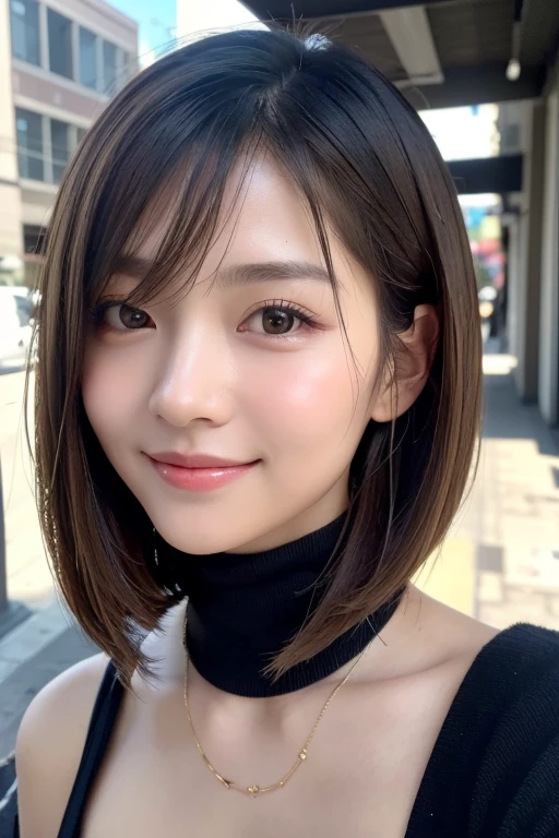 (((Shoulder length brown straight short bob)))、(((She has downtown Hawaii as her backdrop.、Posing like a model at a hair salon.)))、(((Casual black winter street fashion)))、Face close-up、Half Japanese and Korean、18 year old girl、Independent、Look forward、Light eye makeup、Brown Hair Color、Flat 、Hair blowing in the wind、quality of actress、Shiny, Ultra-realistic faces、smileの表情、Moist eyes、look up、calming lighting effect、 Ultra-Realistic Capture、very detailed、High resolution 16K close-up of human skin。Skin texture should be natural、Must be detailed enough to see pores、skin is healthy、Must be even tone、Use natural light and colour、High quality photos taken by a modeling agency&#39;Exclusive photographer、smile
