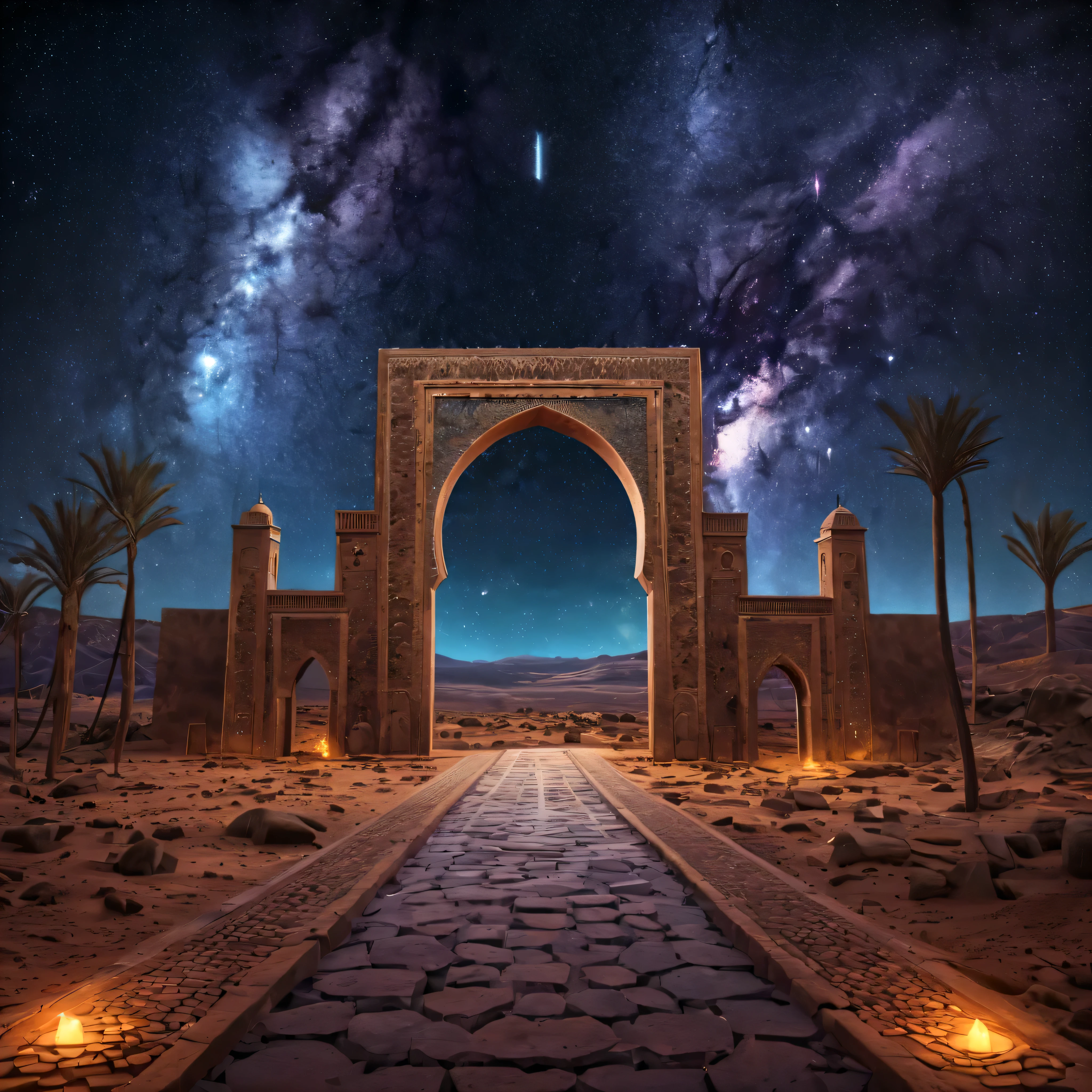 A forgotten portal to time and space, Morocco, magic, starry sky, magic flashes coming from the gateway of the future and the past, ancestral Morocco, Technological, 3D pop, We can see the future through the ancestral portal