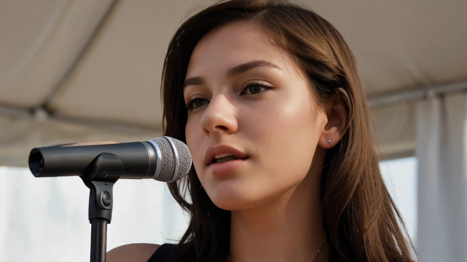 Increased quality, photo of a female singer, brunette hair, photorealistic, sunlight, lips microphone, 