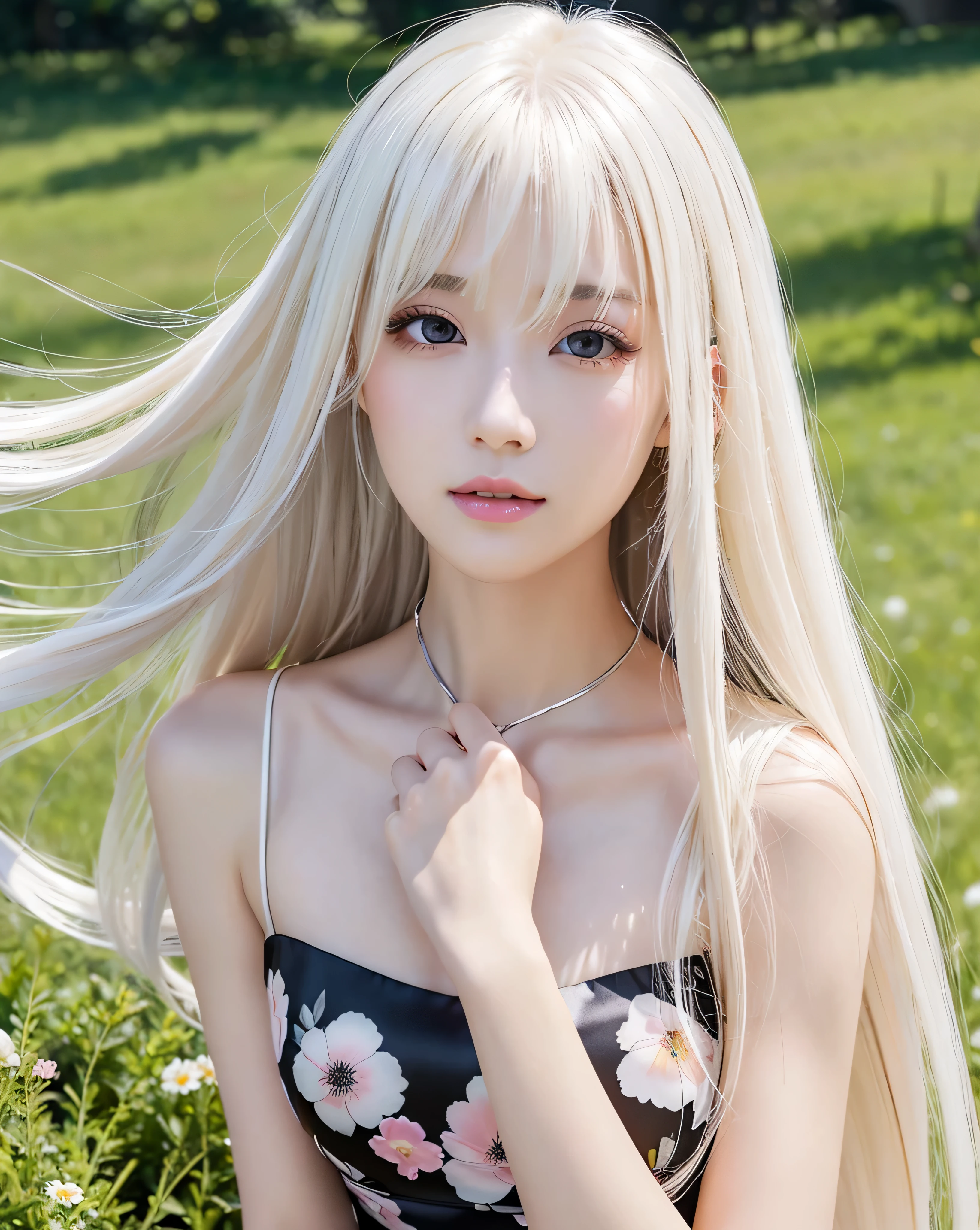 (highest quality, 32k, High resolution, masterpiece:1.5, ), A swirl of crystal clear air and soft light, A sense of serenity and elusive beauty, Beautiful Japanese Girl, An exceptionally beautiful face, whole body, (((Beautiful shiny platinum blonde hair))),(((Super Long Straight Silk Hair))), Asymmetrical bangs, Magical big eyes, Moist black eyes, Fleeting Expression, Smooth and soft white skin, Beautifully trimmed, thin and light eyebrows, Clear double eyelids, Bright makeup, Pale pink lips, ((A fine black floral dress)), High resolution perfect clavicle, Beautiful chest in high resolution, Slim figure, High resolutionの美しい太もも, ((Spring plateau)), Colorful flowers, soft sunlight, Beautiful grassland stretching to the horizon, Sky Blue Sky, Professional Lighting, Professional Photographer, Professional Model, mysterious