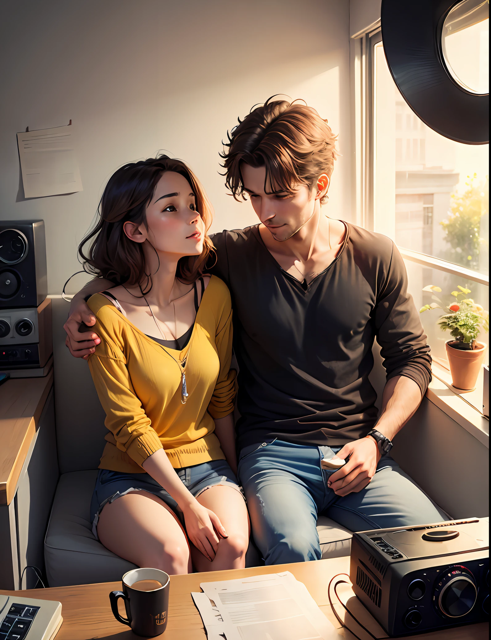 Loving couple listening to radio in room --auto