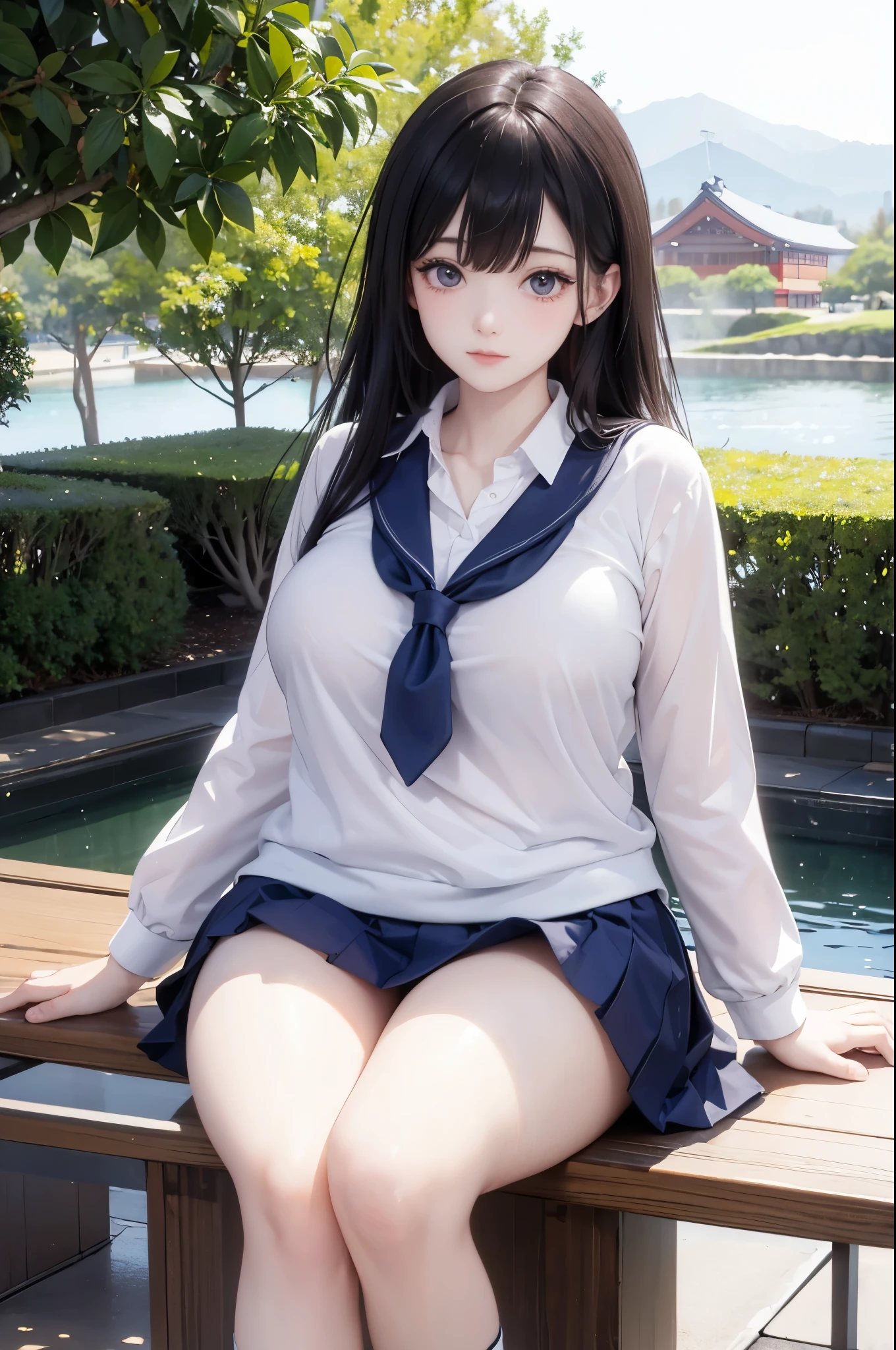 (RAW Photo, Best Quality), (Realistic: 1.3), Highly Detailed, Masterpiece, Hyperdetail, Illustration, HDR (High Dynamic Range), Ray Tracing, NVIDIA RTX, Super-Resolution, Unreal 5, Subsurface Scattering, PBR Textures, Post-processing, Anisotropic Filtering, Depth of Field, Maximum Sharpness and Clarity, Multi-layer Textures, Albedo and Highlight Maps, Surface Shading, Precise simulation of light-material interactions, perfect proportions, Octane Render, -color light, large aperture, low ISO, white balance, rule of thirds, 8K RAW, finger detailing, refined facial features, focus on the face, ((no extra limbs)), Dynamic Angle, World Mastery Theater, Best Quality, Extremely Detailed CG Unified 8k Wallpaper, Breathtaking, Cinematic Light, lens flare, beautiful Eyes, symmetrical eyes, 1 girl, faixvey, ((brown long hair with bangs)), sexy lips, beautiful medium breast, sitting, pond scenery, light beam, particlelurry background), dramatic lighting, wet, dappled sunlight, smile, eyes closed, from above, serafuku