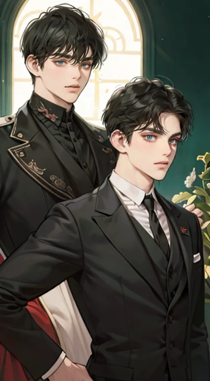 ((a young man in a black suit and tie)), taken in the early 2020s, gotham, alejandro, he looks very sophisticated, (((left side swept bang black short hair))), (dark green eyes and thick eyebrows), smirk. ((20 years old)), ((Black suite and black tie)), masterpiece, posture dynamic, one person,