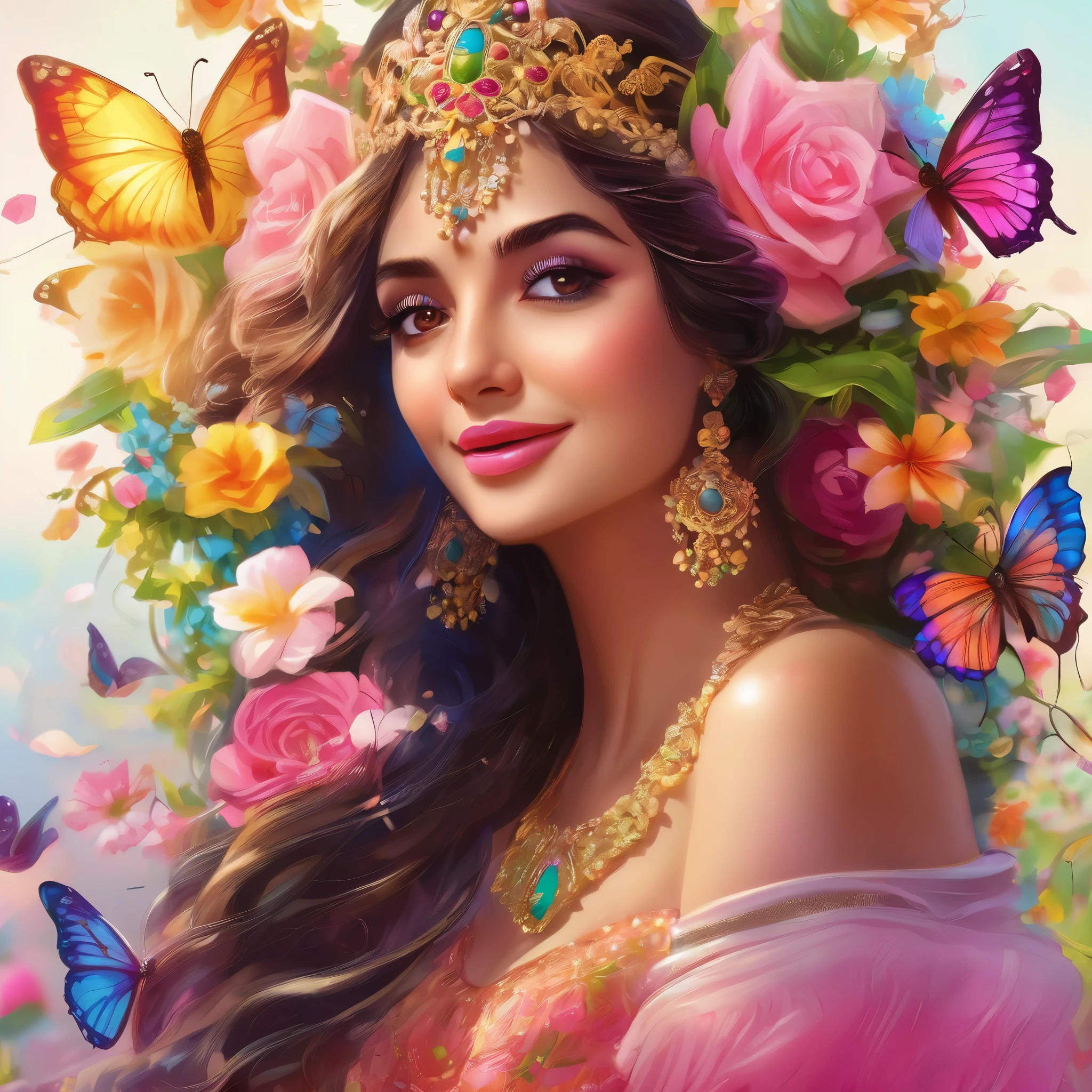 (bollywood actress:1.1,nubile:1.1,25 years old), frolicking in a dreamy meadow made of (delicious,scrumptious:0.9) food and candy, surrounded by vibrant flowers and (colorful,flavorful) fruits. She is dressed in a (glamorous,ethereal) flowing gown, with (intricate,beautiful) embroidery and (sparkling,shimmering) embellishments. Her (expressive mesmerizing) eyes shine with (excitement,joy), and her (delicate pink) lips are curved into a (captivating enchanting) smile. The meadow is filled with (luscious aromatic) desserts, such as (cakes,macarons,pastries) and (chocolate strawberries,marshmallows). (Butterflies,colorful butterflies) flutter around her, creating a (magical playfully) atmosphere. Soft sunlight (filters through,dances upon) the trees, casting a warm glow on the scene. The air is filled with the intoxicating scent of (sweet candy,fresh fruits), and the sound of laughter and happiness fills the air. The entire scene exudes a sense of (whimsical, fairy-tale) beauty and (carefree joy). The artwork should have (best quality,4k,highres:1.2), (vibrant colors,vivid hues), and (soft ethereal lighting, gentle luminosity).
