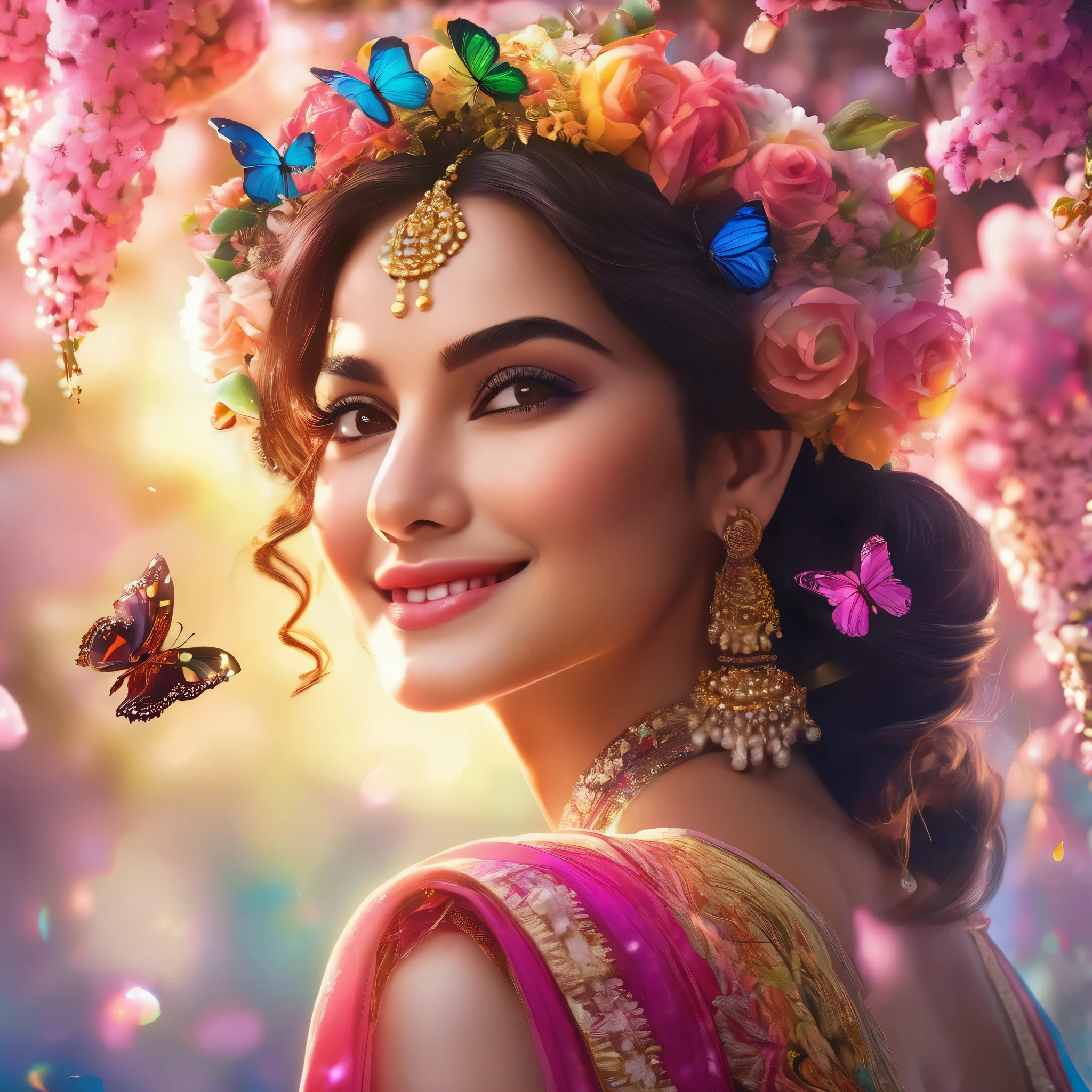(bollywood actress:1.1,nubile:1.1,25 years old), frolicking in a dreamy meadow made of (delicious,scrumptious:0.9) food and candy, surrounded by vibrant flowers and (colorful,flavorful) fruits. She is dressed in a (glamorous,ethereal) flowing gown, with (intricate,beautiful) embroidery and (sparkling,shimmering) embellishments. Her (expressive mesmerizing) eyes shine with (excitement,joy), and her (delicate pink) lips are curved into a (captivating enchanting) smile. The meadow is filled with (luscious aromatic) desserts, such as (cakes,macarons,pastries) and (chocolate strawberries,marshmallows). (Butterflies,colorful butterflies) flutter around her, creating a (magical playfully) atmosphere. Soft sunlight (filters through,dances upon) the trees, casting a warm glow on the scene. The air is filled with the intoxicating scent of (sweet candy,fresh fruits), and the sound of laughter and happiness fills the air. The entire scene exudes a sense of (whimsical, fairy-tale) beauty and (carefree joy). The artwork should have (best quality,4k,highres:1.2), (vibrant colors,vivid hues), and (soft ethereal lighting, gentle luminosity).