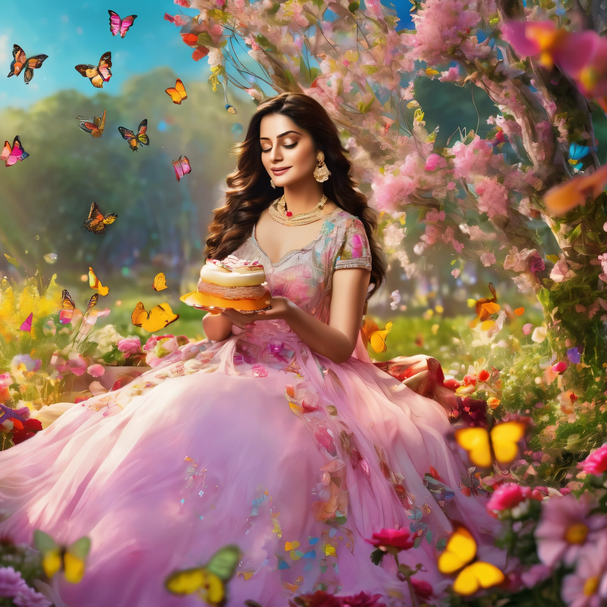(bollywood actress:1.1,nubile:1.1,25 years old), frolicking in a dreamy meadow made of (delicious,scrumptious:0.9) food and candy, surrounded by vibrant flowers and (colorful,flavorful) fruits. She is dressed in a (glamorous,ethereal) flowing gown, with (intricate,beautiful) embroidery and (sparkling,shimmering) embellishments. Her (expressive mesmerizing) eyes shine with (excitement,joy), and her (delicate pink) lips are curved into a (captivating enchanting) smile. The meadow is filled with (luscious aromatic) desserts, such as (cakes,macarons,pastries) and (chocolate strawberries,marshmallows). (Butterflies,colorful butterflies) flutter around her, creating a (magical playfully) atmosphere. Soft sunlight (filters through,dances upon) the trees, casting a warm glow on the scene. The air is filled with the intoxicating scent of (sweet candy,fresh fruits), and the sound of laughter and happiness fills the air. The entire scene exudes a sense of (whimsical, fairy-tale) beauty and (carefree joy). The artwork should have (best quality,4k,highres:1.2), (vibrant colors,vivid hues), and (soft ethereal lighting, gentle luminosity).