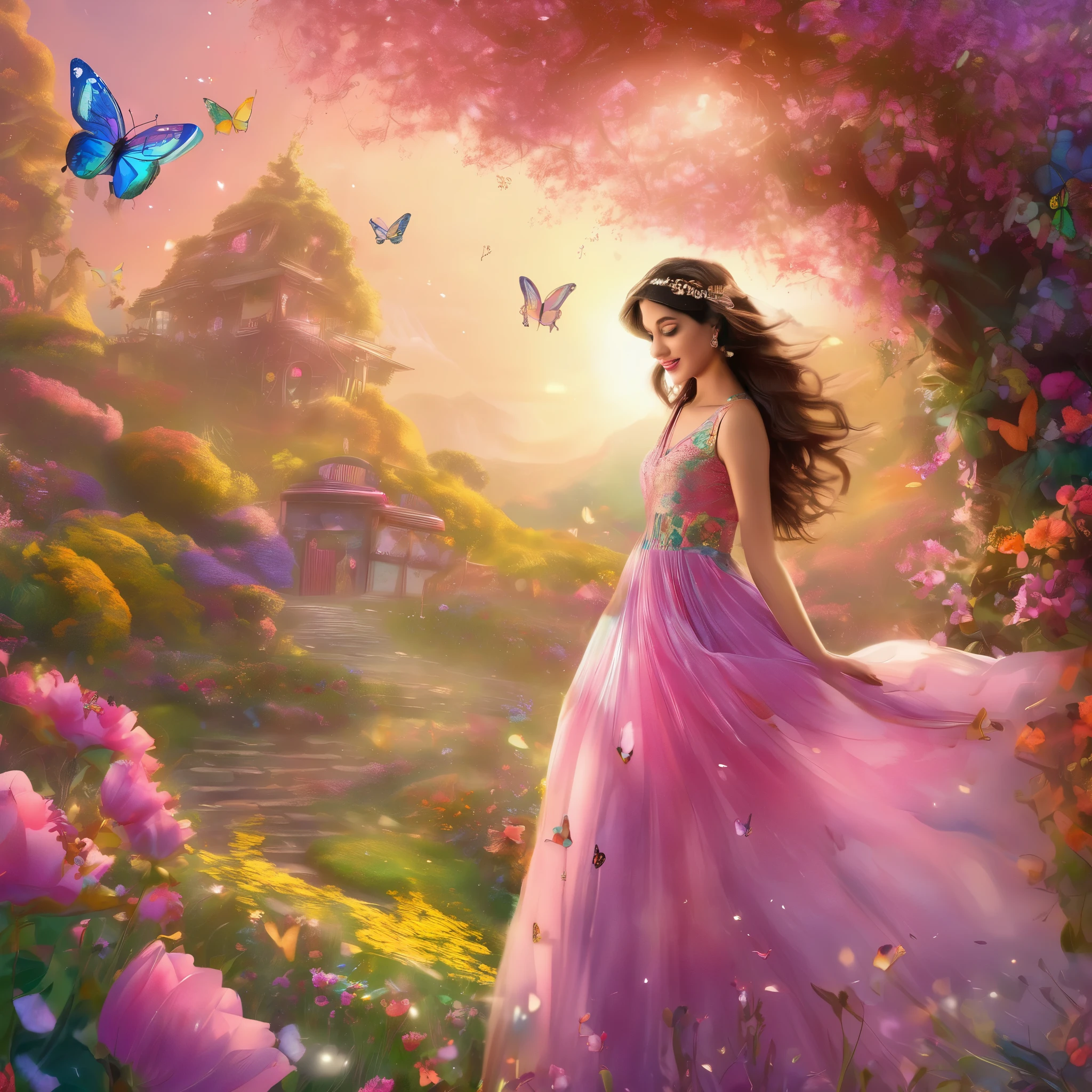 (bollywood actress:1.1,nubile:1.1,25 years old), frolicking in a dreamy meadow made of (delicious,scrumptious:0.9) food and candy, surrounded by vibrant flowers and (colorful,flavorful) fruits. She is dressed in a (glamorous,ethereal) flowing gown, with (intricate,beautiful) embroidery and (sparkling,shimmering) embellishments. Her (expressive mesmerizing) eyes shine with (excitement,joy), and her (delicate pink) lips are curved into a (captivating enchanting) smile. The meadow is filled with (luscious aromatic) desserts, such as (cakes,macarons,pastries) and (chocolate strawberries,marshmallows). (Butterflies,colorful butterflies) flutter around her, creating a (magical playfully) atmosphere. Soft sunlight (filters through,dances upon) the trees, casting a warm glow on the scene. The air is filled with the intoxicating scent of (sweet candy,fresh fruits), and the sound of laughter and happiness fills the air. The entire scene exudes a sense of (whimsical, fairy-tale) beauty and (carefree joy). The artwork should have (best quality,4k,highres:1.2), (vibrant colors,vivid hues), and (soft ethereal lighting, gentle luminosity).