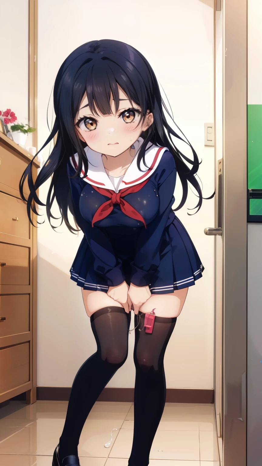 2 girls, by 2 person, Girl's brown eyes, black hair, medium long hair, Inward roll、(Navy blue sailor suit:1.4),indoors, Cafe、very big breasts、publish one'chest of、Naked things'chest of、blush、embarrassing、scary face、I'm worried、confused face、a large amount of breast milk comes out of the nipples,、Breast milk gushes from the nipple、very short skirt、micro mini skirt、female shape'Private parts are clearly visible、vibrator in thighhighs、The crotch is wet with love juice、Massage the breasts、Looks painful、Full body portrait