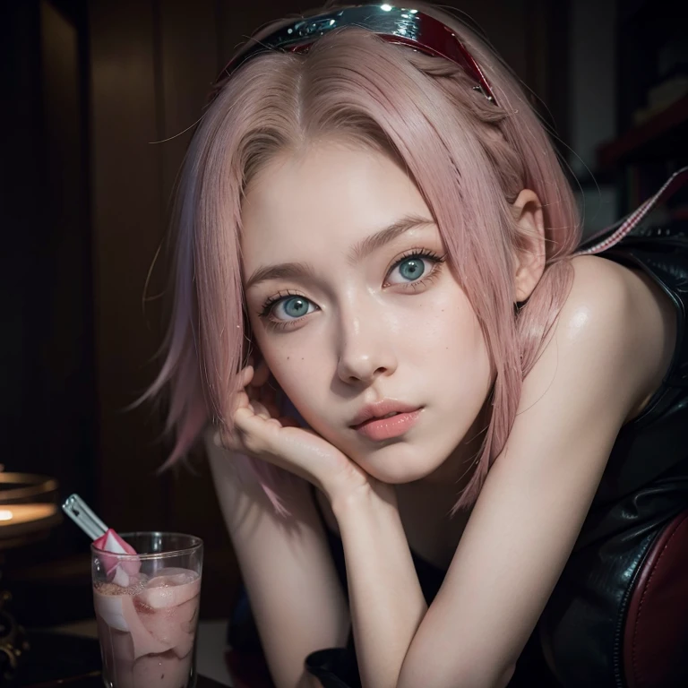 young woman, short shoulder-length pink hair, wide forehead, porcelain skin, pink eyebrows, big emerald green eyes, buttoned nose, full lips, heart-shaped face, slender body, small breasts, red tank top, Sakura Haruno , realistic, realism, details, 3d, well detailed