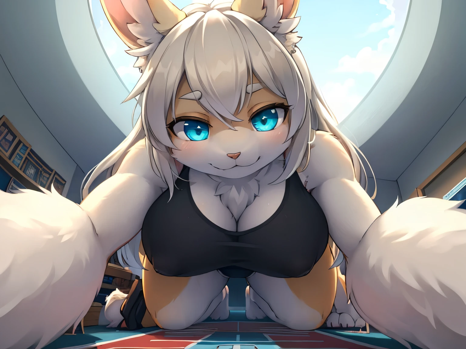 detailed portrait of an anthromorph female, furry, extreme detail, detailed white fluffy fur, very long hair, loose tank top, underwear, detailed eyes, (shaded), (detailed lighting), (cinematic lighting), (masterpiece, hi res, RAW photo, high resolution, high details, best quality), high definition, (high sharpness:1.3), aqua eyes, big breasts, from below, low perspective from ground, looking down at viewer, floor, play room, fluffy carpet, close up, very close, near, cute, smugly, mischievous, rabbit, rabbit ears, rabbit tail