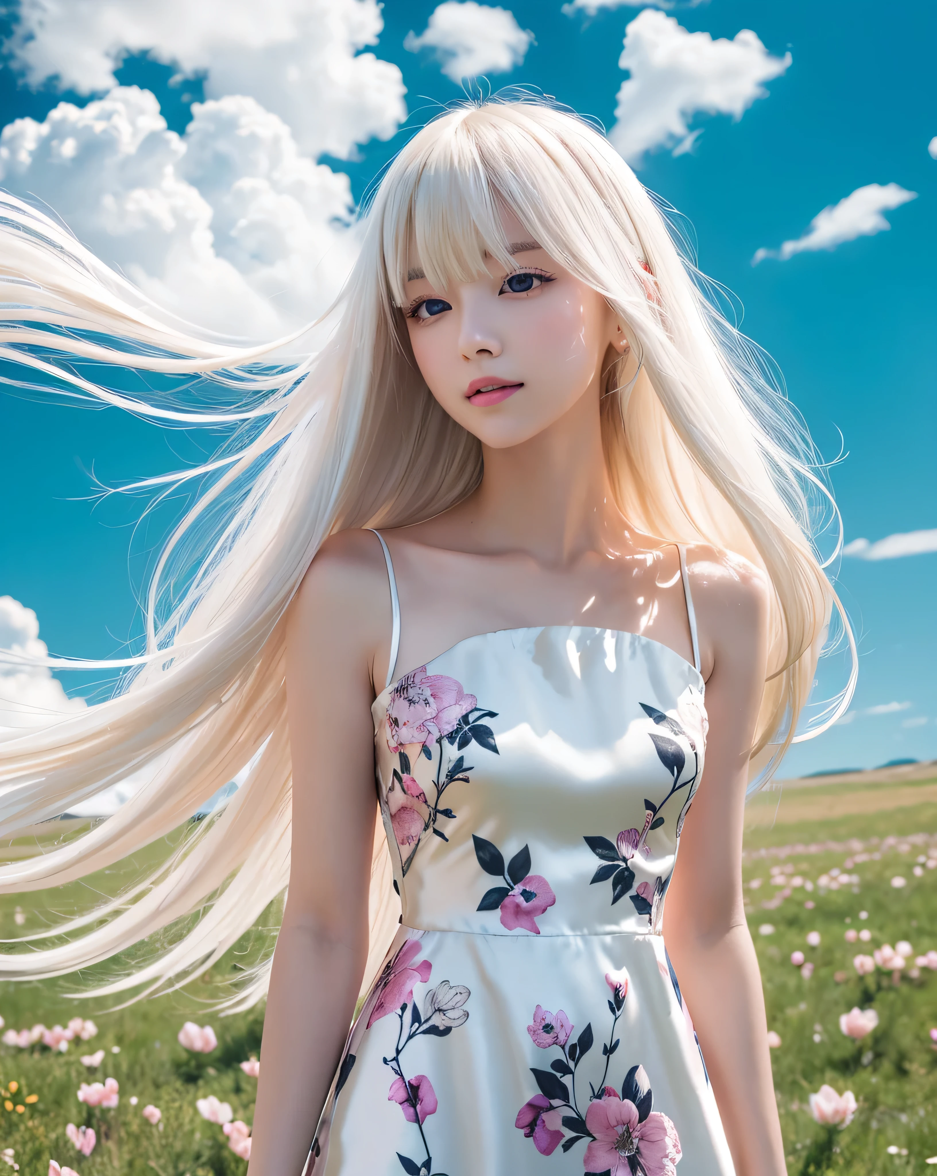 (highest quality, 32k, High resolution, masterpiece:1.5, ), A swirl of crystal clear air and soft light, A sense of serenity and elusive beauty, Beautiful Japanese Girl, An exceptionally beautiful face, whole body, (((Beautiful shiny platinum blonde hair))),(((Super Long Straight Silk Hair))), Asymmetrical bangs, Magical big eyes, Moist black eyes, fleeting smile, Rich emotional expression, Smooth and soft white skin, Beautifully trimmed, thin and light eyebrows, Clear double eyelids, Bright makeup, Pale pink lips, ((A fine black floral dress)), High resolution perfect clavicle, Beautiful chest in high resolution, Slim figure, High resolutionの美しい太もも, ((Spring plateau)), Colorful flowers, soft sunlight, Beautiful grassland stretching to the horizon, Sky Blue Sky, Professional Lighting, Professional Photographer, Professional Model, mysterious