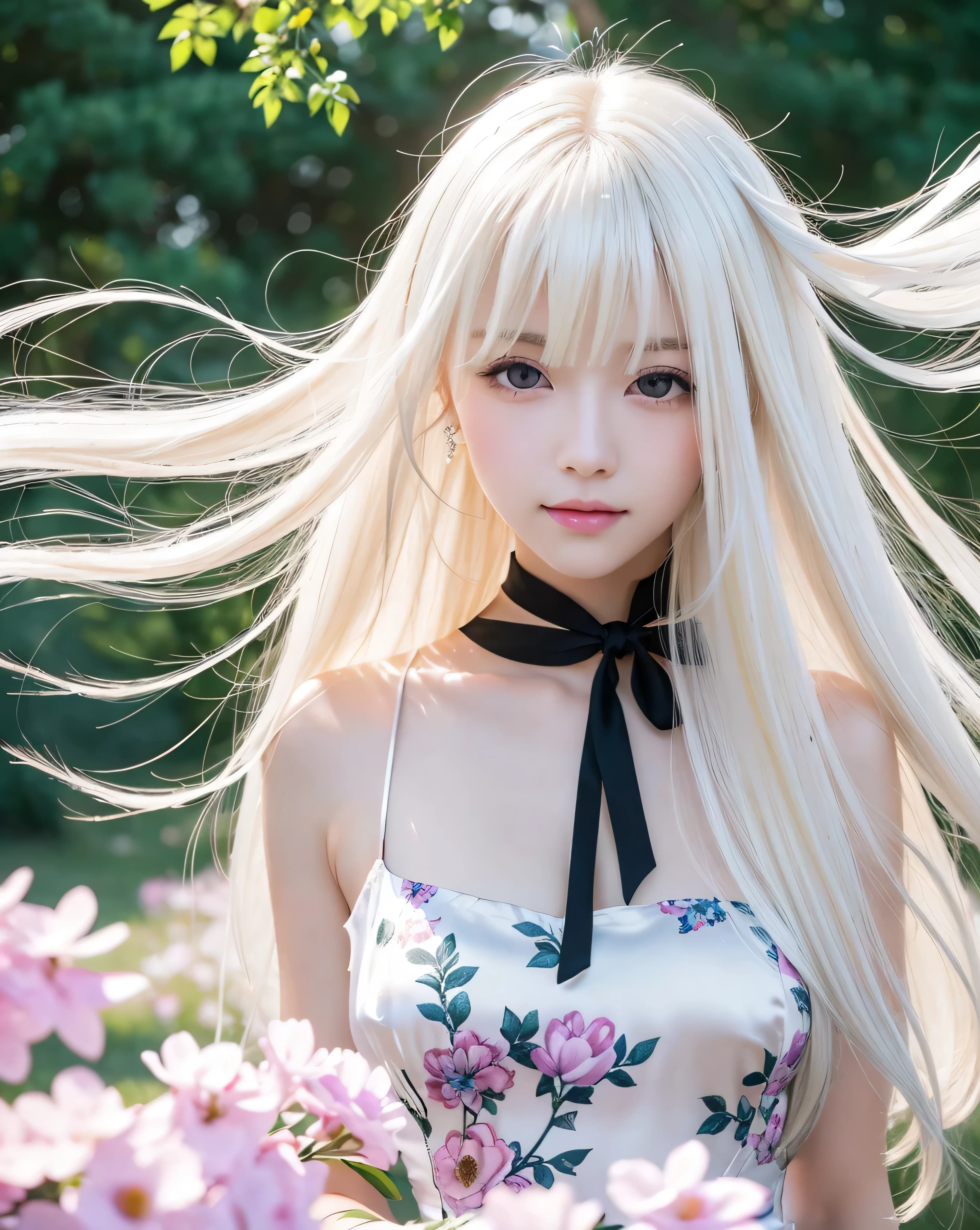 (highest quality, 32k, High resolution, masterpiece:1.5, ), A swirl of crystal clear air and soft light, A sense of serenity and elusive beauty, Beautiful Japanese Girl, An exceptionally beautiful face, whole body, (((Beautiful shiny platinum blonde hair))),(((Super Long Straight Silk Hair))), Asymmetrical bangs, Magical big eyes, Moist black eyes, fleeting smile, Rich emotional expression, Smooth and soft white skin, Beautifully trimmed, thin and light eyebrows, Clear double eyelids, Bright makeup, Pale pink lips, ((A fine black floral dress)), High resolution perfect clavicle, Beautiful chest in high resolution, Slim figure, High resolutionの美しい太もも, ((Spring plateau)), Colorful flowers, soft sunlight, Beautiful grassland stretching to the horizon, Sky Blue Sky, Professional Lighting, Professional Photographer, Professional Model, mysterious