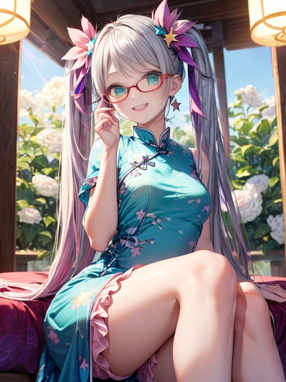 小さなgirl、Small breasts、The arrival of spring、Thick thighs、 (alone:1.5,)Very detailed,Bright colors, Very beautiful detailed anime faces and eyes, Look straight ahead, ;d, Shiny_skin,girl, ((Silver long hair,The inner color is red 、Forehead is exposed.、Green Eyes、Glasses、Shiny hair, Delicate beautiful face, blush、(Turquoise Eyes), White skin, Valletta, Earrings,、blue flower field、(((Star pattern pink、Long China Clothing、Purple Bloomer)))、Twin tails、smile、smile、Face dyed red