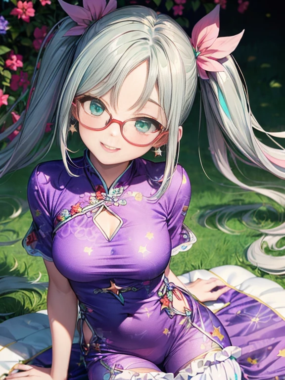 小さなgirl、The arrival of spring、Thick thighs、 (alone:1.5,)Very detailed,Bright colors, Very beautiful detailed anime faces and eyes, Look straight ahead, ;d, Shiny_skin,girl, ((Silver long hair,The inner color is red 、Forehead is exposed.、Green Eyes、Glasses、Shiny hair, Delicate beautiful face, blush、(Turquoise Eyes), White skin, Valletta, Earrings,、blue flower field、(((Star pattern pink、Chinese clothing、Purple Bloomer)))、Twin tails、smile、smile、Face dyed red