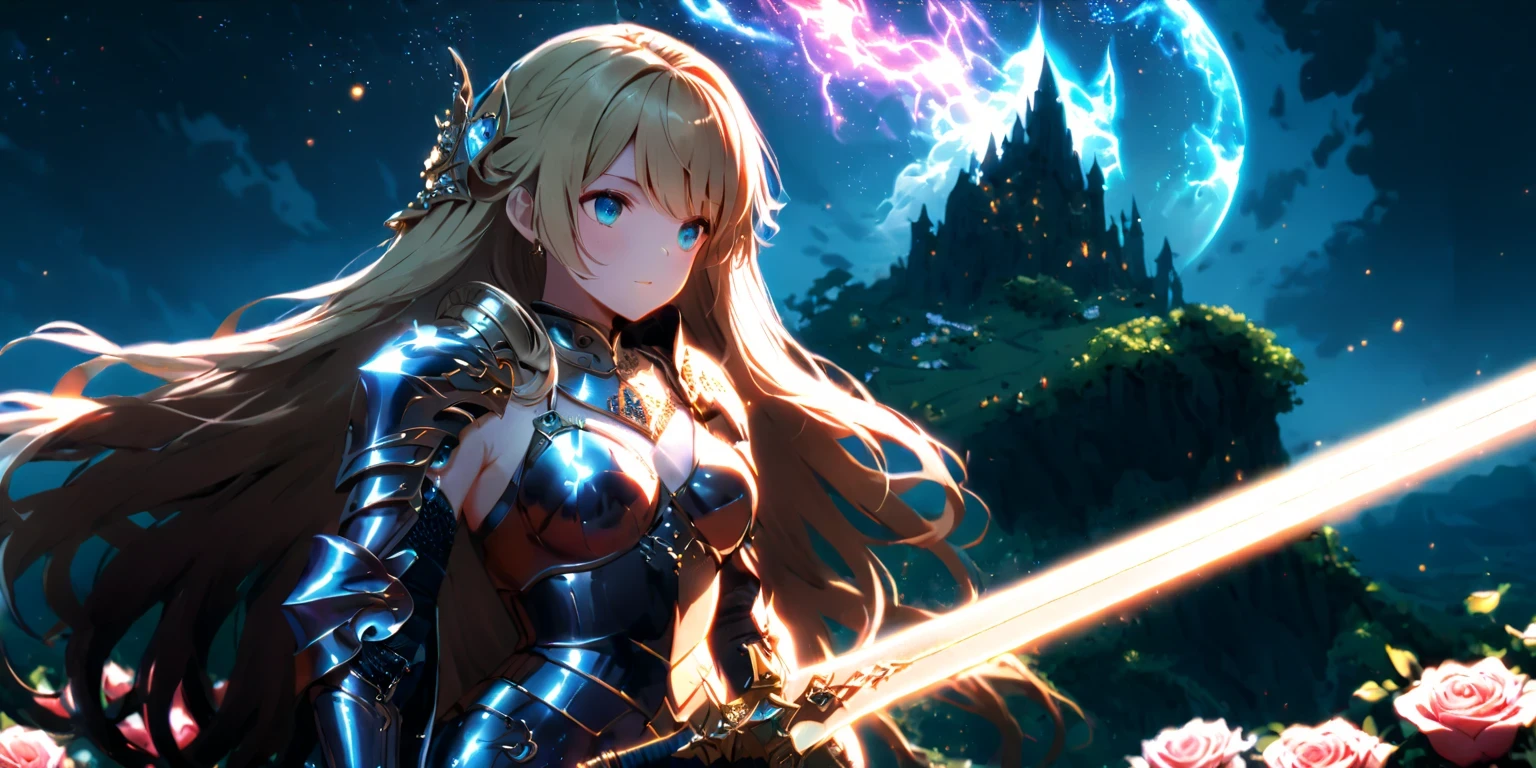 diy24,Adorned in shimmering armor, a blonde fantasy warrior stands tall in an enchanted rose garden, her iridescent sword casting a beacon of light amidst the darkness. In another scene, she is seen in a radiant landscape filled with floating islands against a starry sky, evoking a sense of adventure and exploration with her glowing presence.
