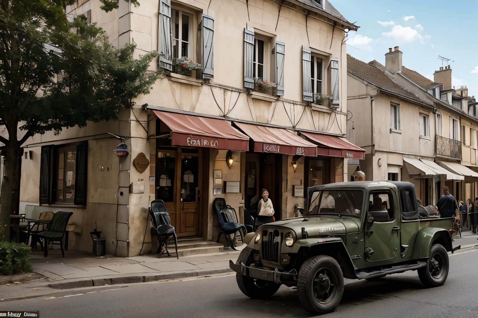 Behold the evocative poster bearing the name of the commune: 'COLOMBE.' Below it, a quintessential French village street of the 1940s comes into focus, meticulously depicted with houses and shops, their tarred surfaces glistening in the sunlight. Locals, dressed in period attire, are seen strolling on the sidewalks, peering out from windows with curious expressions. In the heart of the street, an enchanting procession of American soldiers from 1940 passes by, their uniforms crisp and well-pressed, as military vehicles such as jeeps and GMC trucks rumble along. French flags flutter gracefully in the breeze,