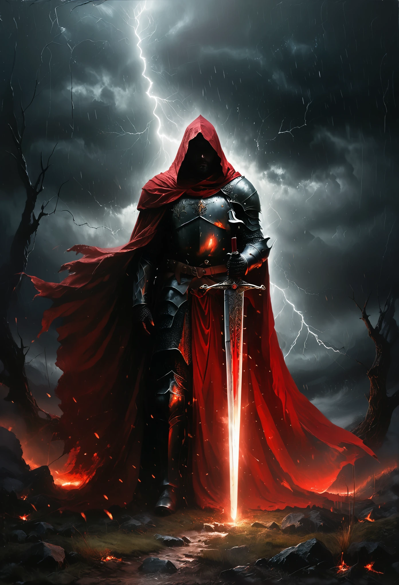 (best quality,4k,8k,highres,masterpiece:1.2),ultra-detailed,(realistic,photorealistic,photo-realistic:1.37),dark medieval forest,interplay of darkness and red shadows,cloaked knight with glowing red sword,serious expression,steady gaze into the distance,revealing unwavering courage,impending storm with dark clouds and lightning,illuminating the surroundings like a beacon of light,the hero in the darkness,the hope in people's hearts,granting endless courage and strength.