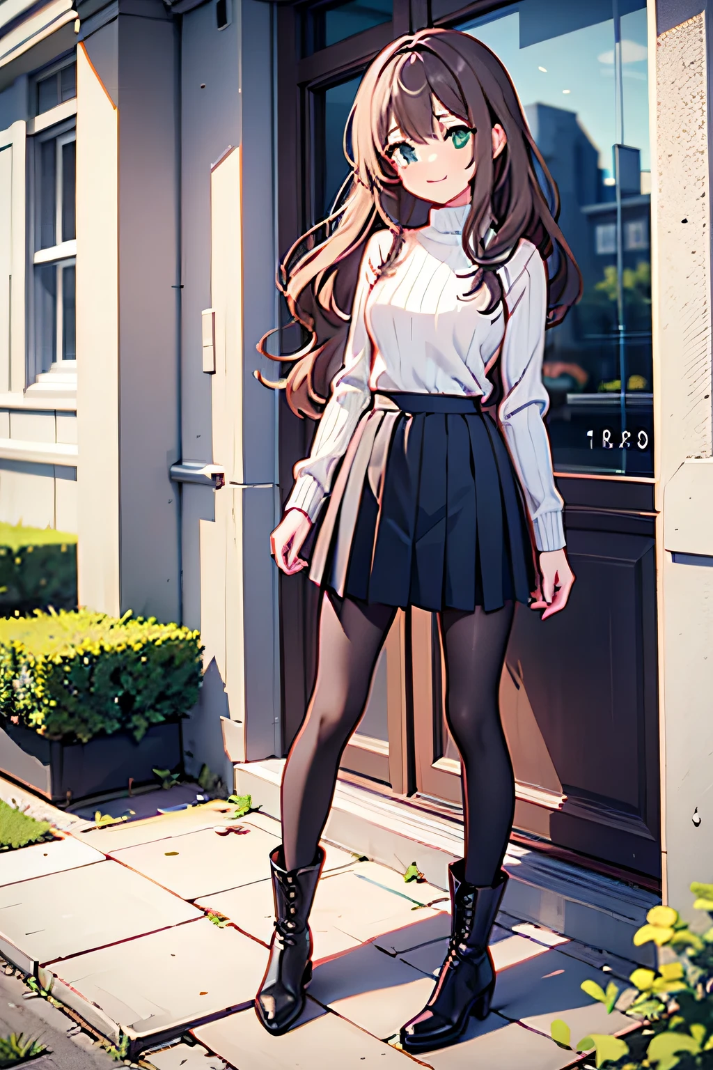 ((best quality)), ((masterpiece)), (detailed), perfect face, cute anime girl, long wavy brown hair, she is standing outdoor, she smile, she is 20 years old, she is wearing turtle neck sweater, she is wearing skirt, she is wearing pantyhose, she is wearing boots, green eyes, vibrant colors, masterpiece, sharp focus, best quality