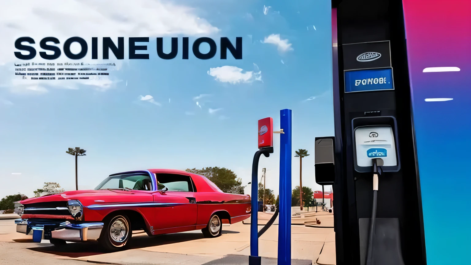 in the style of album cover art, filling gas into car pump