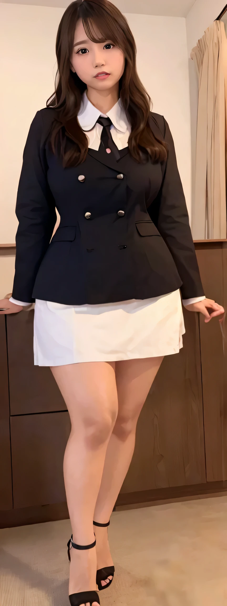 Japanese maid, Mature Woman, ((Chubby round face around 40)), Glasses, Wavy black hair without bangs, Long Hair, Twin ponytail, Flashy makeup, Fuller lips, Sexy Gaze, uniform, ((dressing)), looking at the camera, Low angle shooting, cute duck mouth,((Very precise and accurate anatomy)),  (masterpiece:1.43), Perfect Proportions, Realistic photos, Full Shot, whole body, (height: 148cm), High heels,  ((Two legs are required,It should have two arms)),  ((Two legs are required, It should have two arms)) 