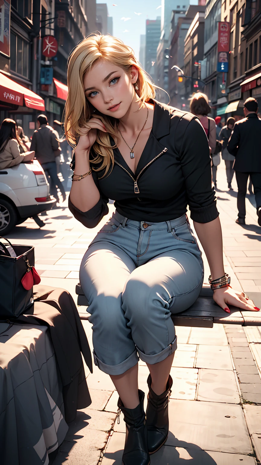 ((最high quality, 8K, masterpiece: 1.3, Ultra HD, high quality, 最high quality, High resolution, realism)) 、A 22-year-old extremely beautiful white woman、Slender figure、Hair color blonde、blue eyeedium Hair、Straight Hair、smile、Background blur((depth of field))、Aerial perspective((atmospheric perspective))、I want my head to stay off screen、Put an anklet on your ankle、Wearing red nail polish、I have a peticure、No sleeve、Wear high-neck zipper-up tops、Wear low rise hot pants、Wear short boots、Walking through the hustle and bustle of the city、Skyscraper background、Sit on the curb and rest your chin on your hands