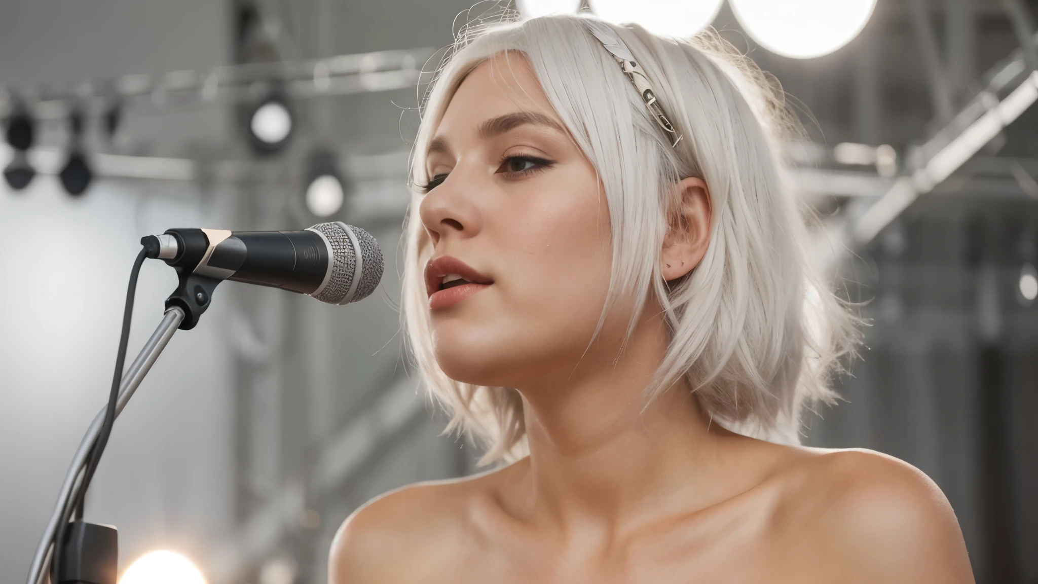 Increased quality, photo of a female singer, white hair, photorealistic, sunlight, lips microphone,
