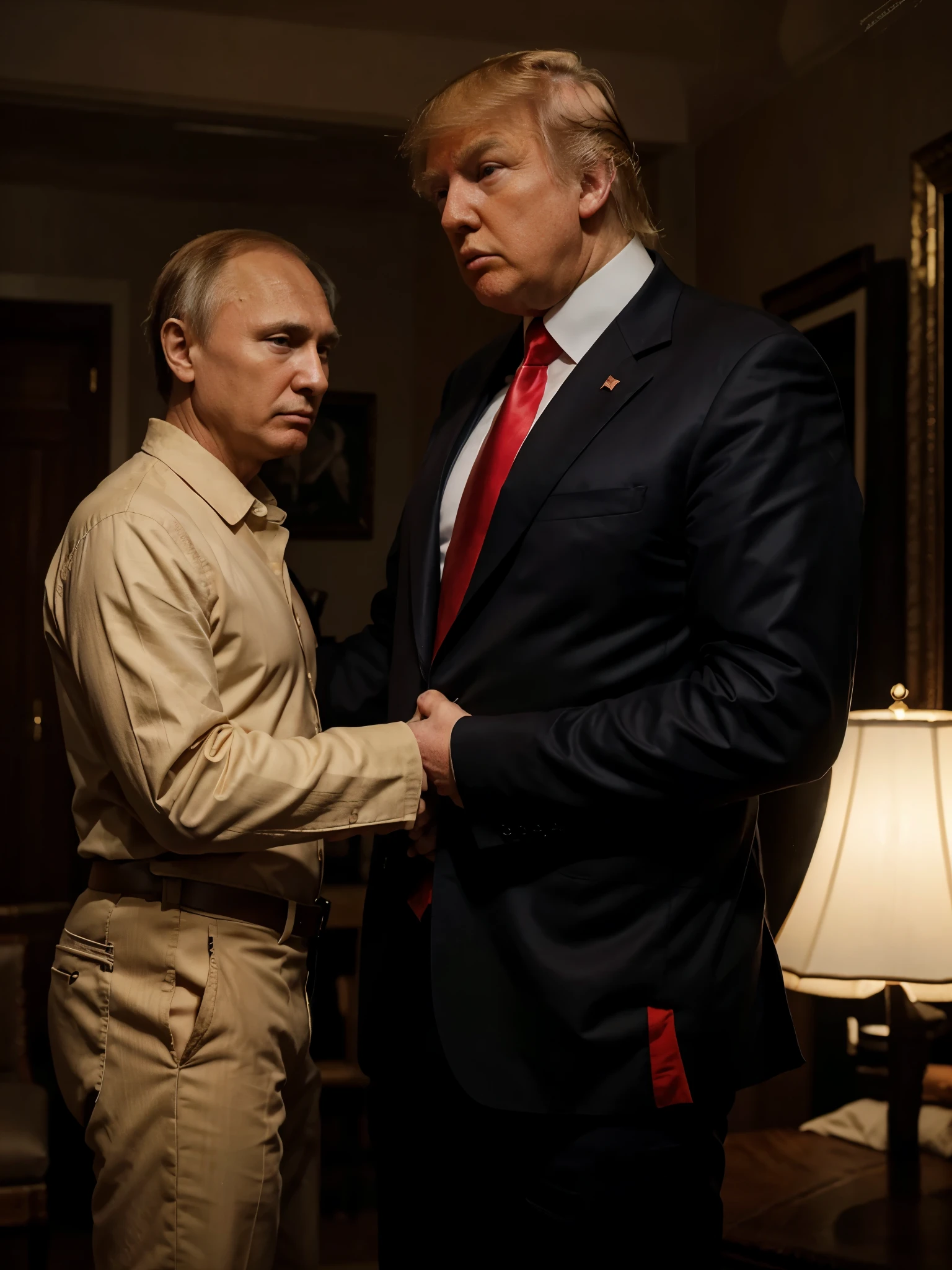 In the low-light room, Two men posing political behave, hugging or shake hands, ((Donald Trump and Vladimir Putin)), size of Donald Trump:1.2, Facing each other,Among them, The first man is an old man, And the other is young, With an atmosphere of concentration in the discussion between them and a deep look, Wear a black suit, The young man enthusiastic expression, focus two men, Contrast lighting, delicate skin,Cinematic, HD, details , Realistic, Get to know a professional photo, soft lighting, highs quality, Best Quality,