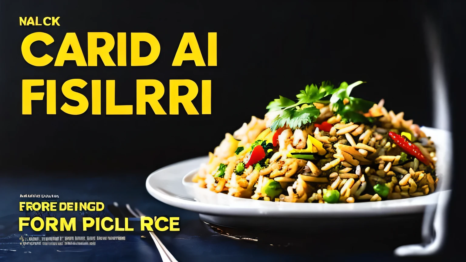 in the style of album cover art, nasi goreng, fried rice, dark