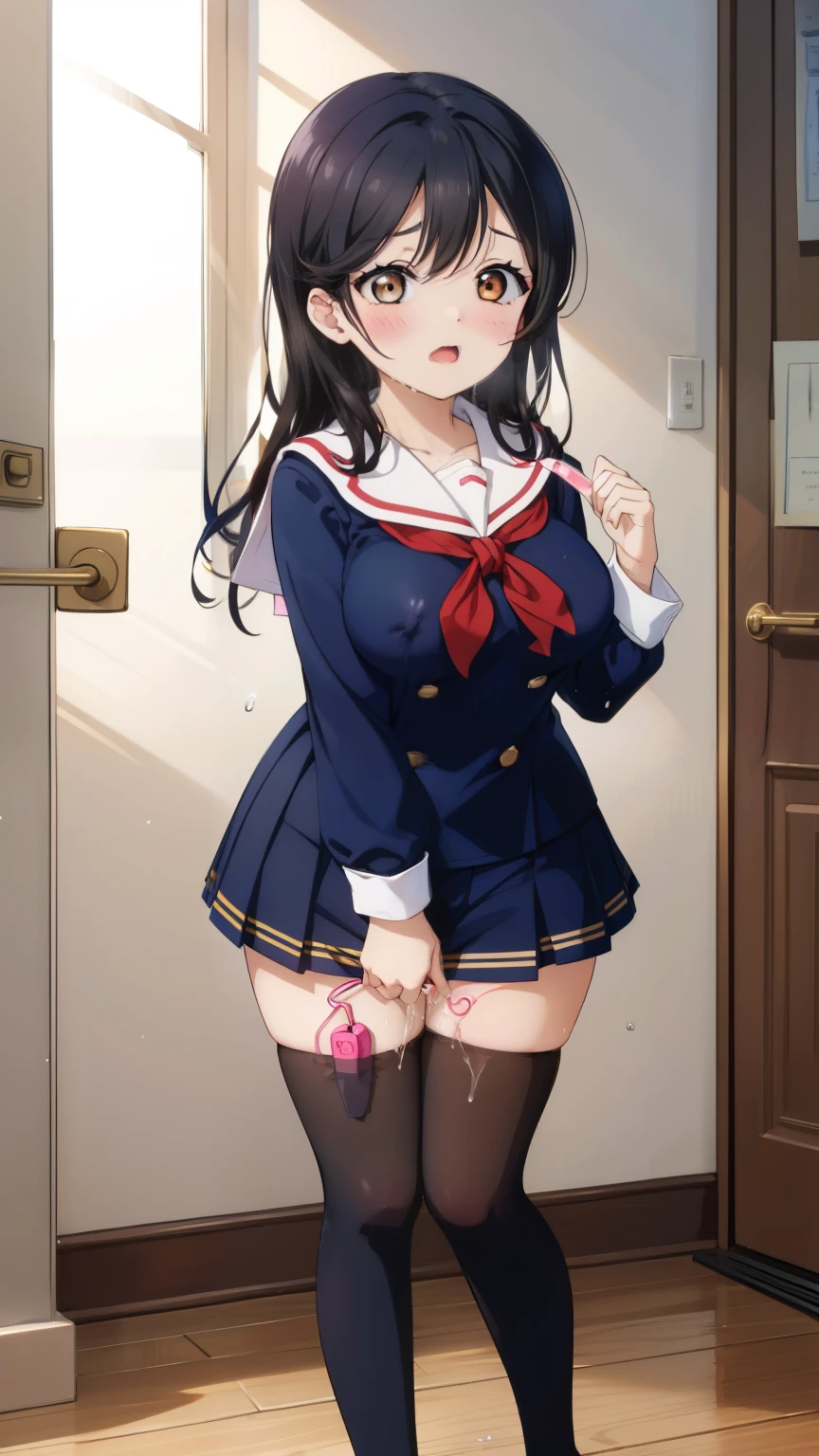 2 girls, by 2 person, Girl's brown eyes, black hair, medium long hair, Inward roll、(Navy blue sailor suit:1.4),indoors, Cafe、very big breasts、publish one'chest of、Naked things'chest of、blush、embarrassing、scary face、I'm worried、confused face、a large amount of breast milk comes out of the nipples,、Breast milk gushes from the nipple、very short skirt、micro mini skirt、female shape'Private parts are clearly visible、vibrator in thighhighs、The crotch is wet with love juice、Massage the breasts、Looks painful、Full body portrait