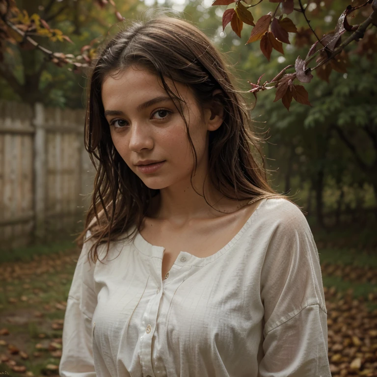 Une fille dans un champ avec des vêtements mouillés, épaule mouillée, wet back, feuilles d&#39;automne. (best quality,Ultra-detailed),Oil painting&#39;huile,portrait,Soft lighting,couleurs vives.