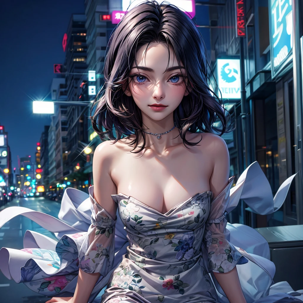 1 woman of 30 years old, {{{straight black hair}}}, {{{pale blue eyes}}}, Pale blue floral print dress {exposed arms} cleavage, small smile {silver accessories}, in a city sidewalk with neon lights, {best quality.}, {highreaasterpiece.}, {{{medium close up.}}}, {facing viewer}