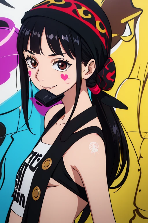 (best quality,4k,8k,highres,masterpiece:1.2), ultra-detailed, Animated, girl, mature face, long black hair, brown eyes, black hair, graffiti, girl graffer, durag, cool girl, flat, smile, mask, vivid colors