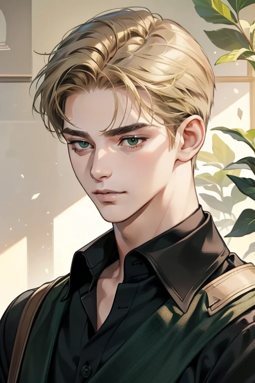 masterpiece, best quality, realistic, 1man, mature male, quiet and charming young man, 18 years old, a smirk, closed mouth, portrait, extremely detailed face, a little distant, ((dark green eyes)), ((short-side-swept sandy blonde hair)), [thick eyebrows], library, ((black shirt))