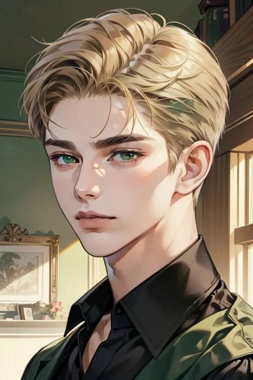 masterpiece, best quality, realistic, 1man, mature male, quiet and charming young man, 18 years old, a smirk, closed mouth, portrait, extremely detailed face, a little distant, ((dark green eyes)), ((short-side-swept sandy blonde hair)), [thick eyebrows], library, ((black shirt))