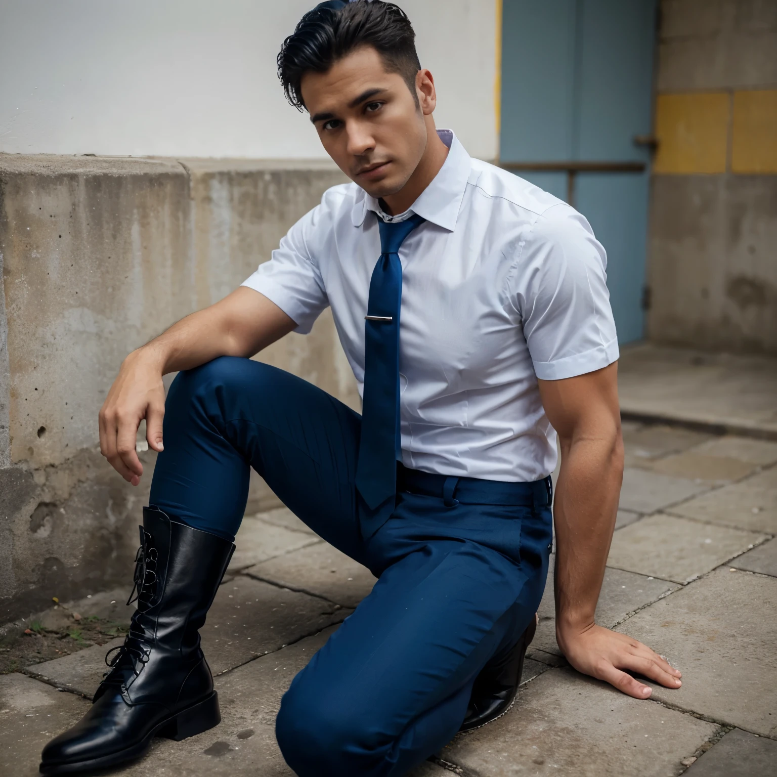 Male Security Agent 25 to 30 years old, parado de pie, camisa blanca, corbata azul, blue pants and black boots, at the bottom the written word:  "BLINSEGUR" en color amarillo con borde ?????.